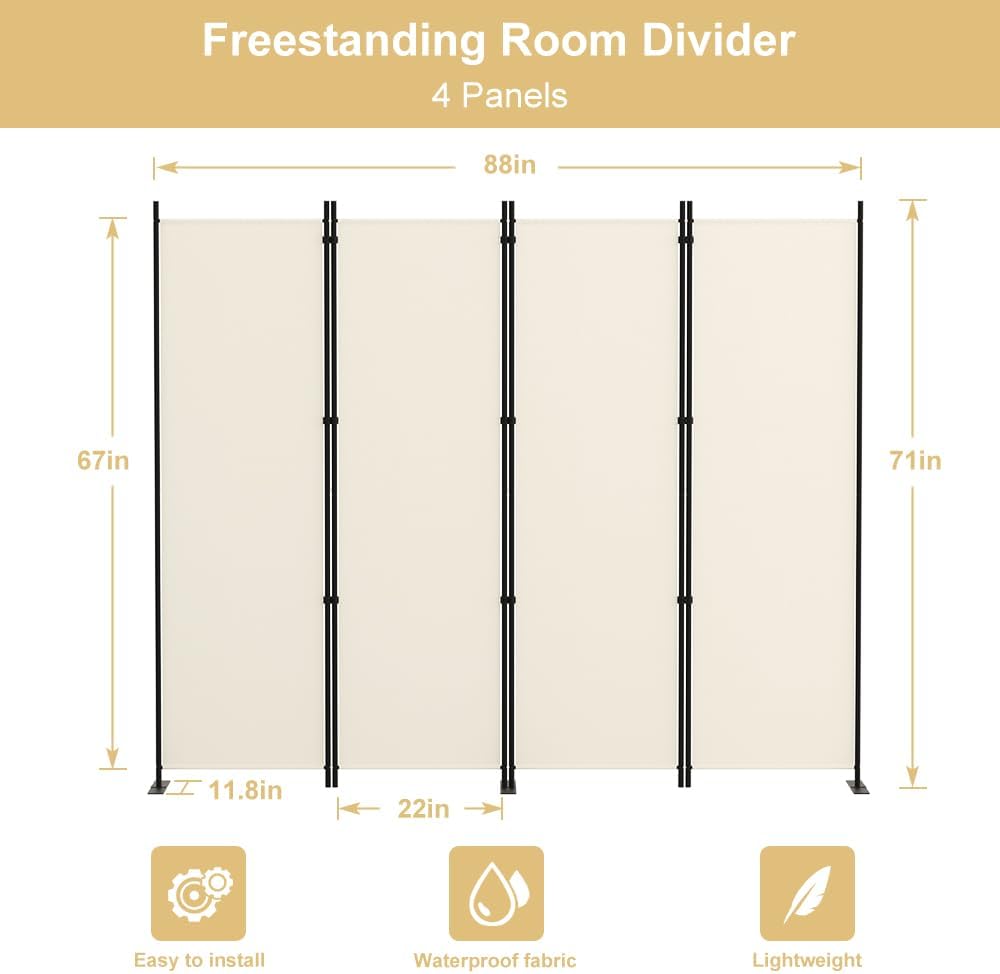 4 Panel Beige Fabric Room Divider
