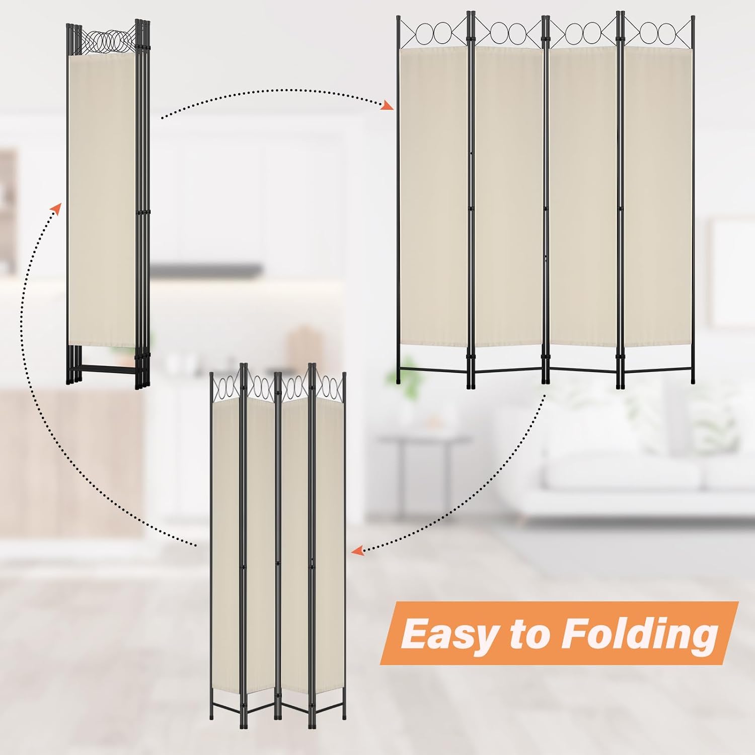 4 Panel Beige Fabric Room Divider