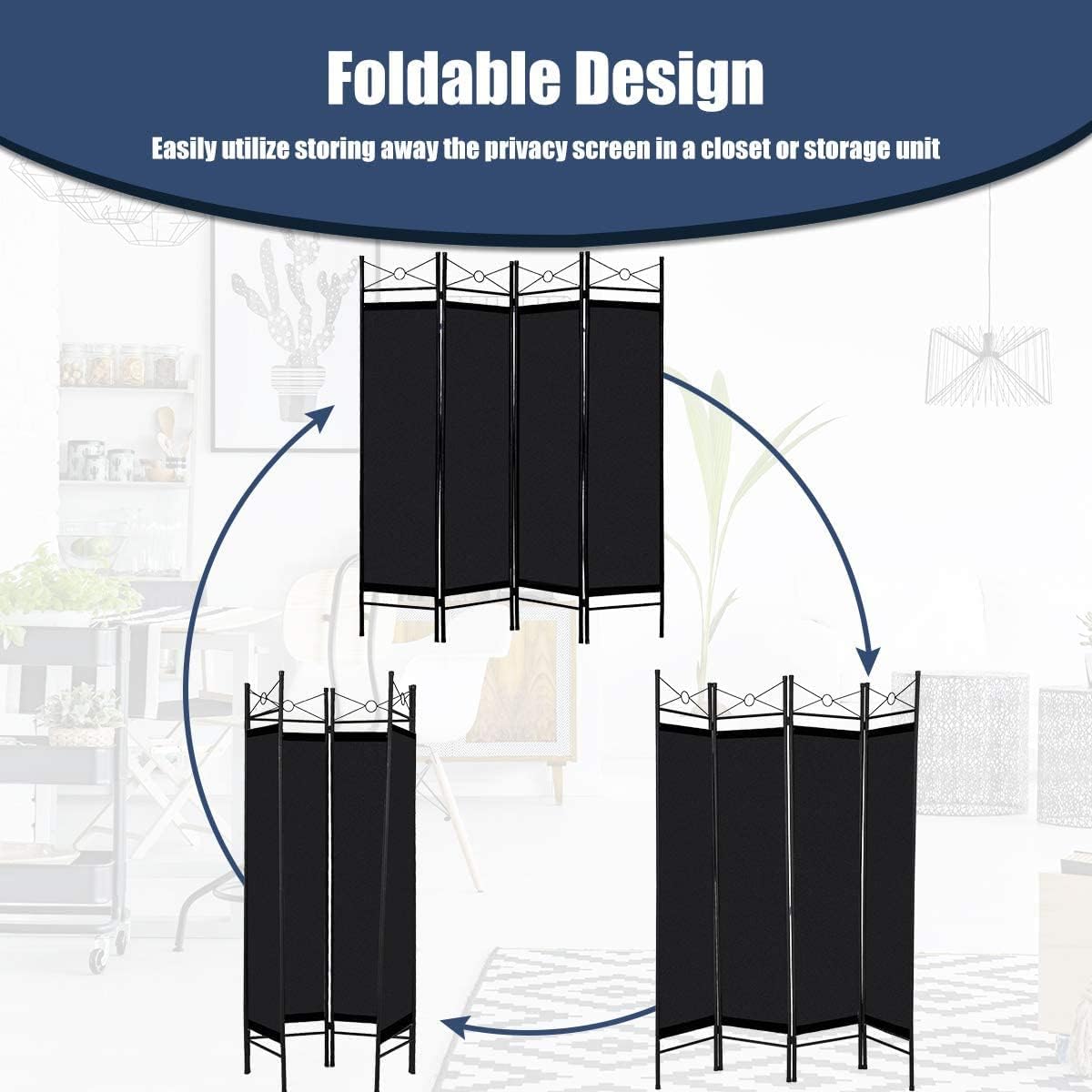 4 Panel Black Fabric Room Divider