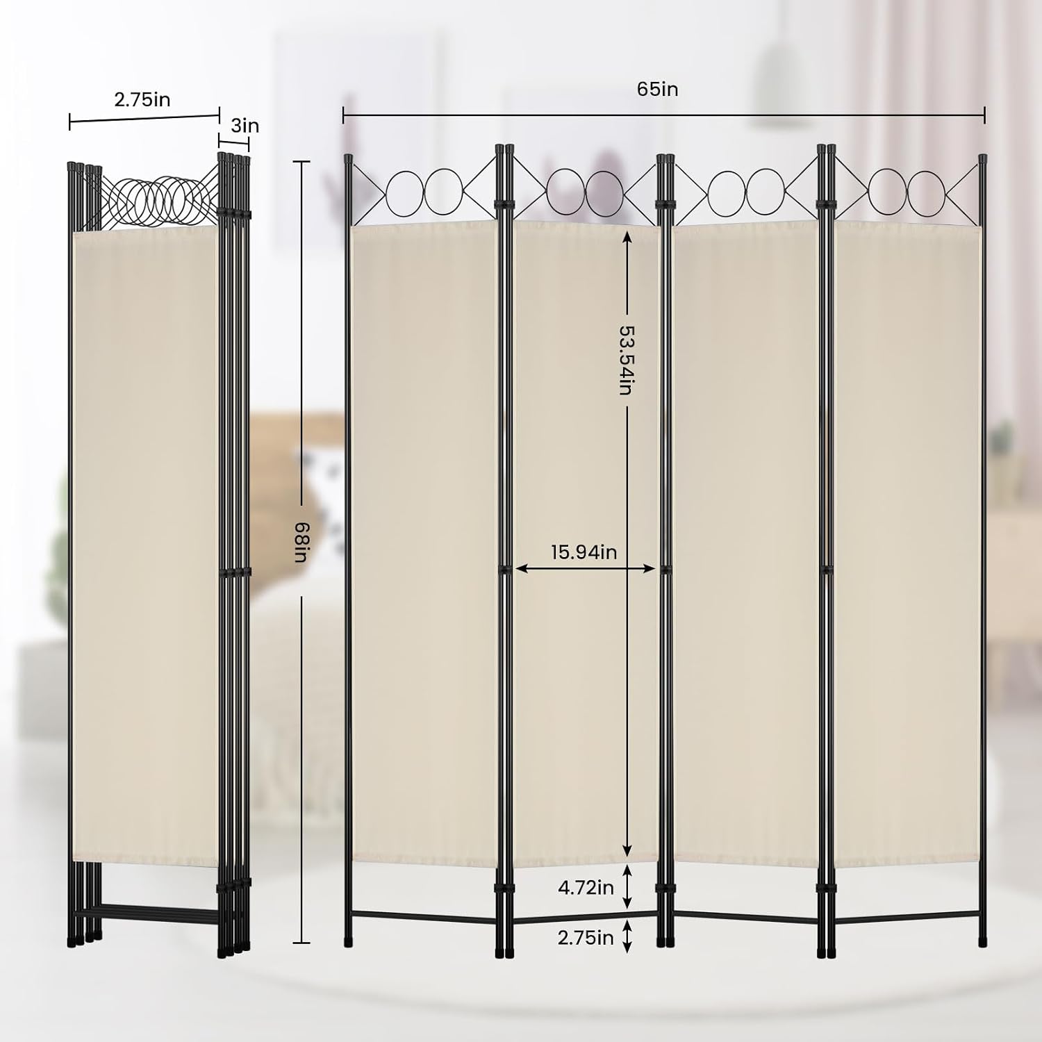 4 Panel Beige Fabric Room Divider