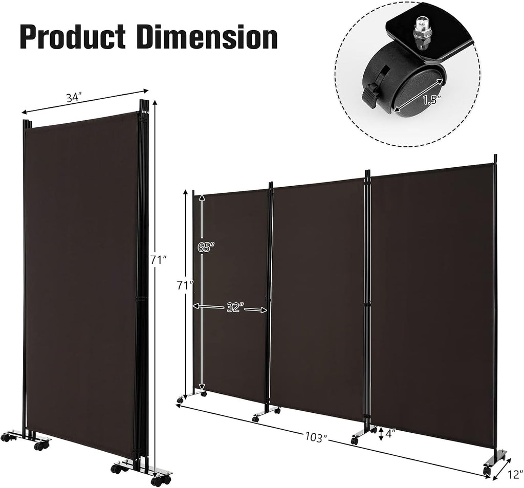 3-Panel Coffee Rolling Room Divider