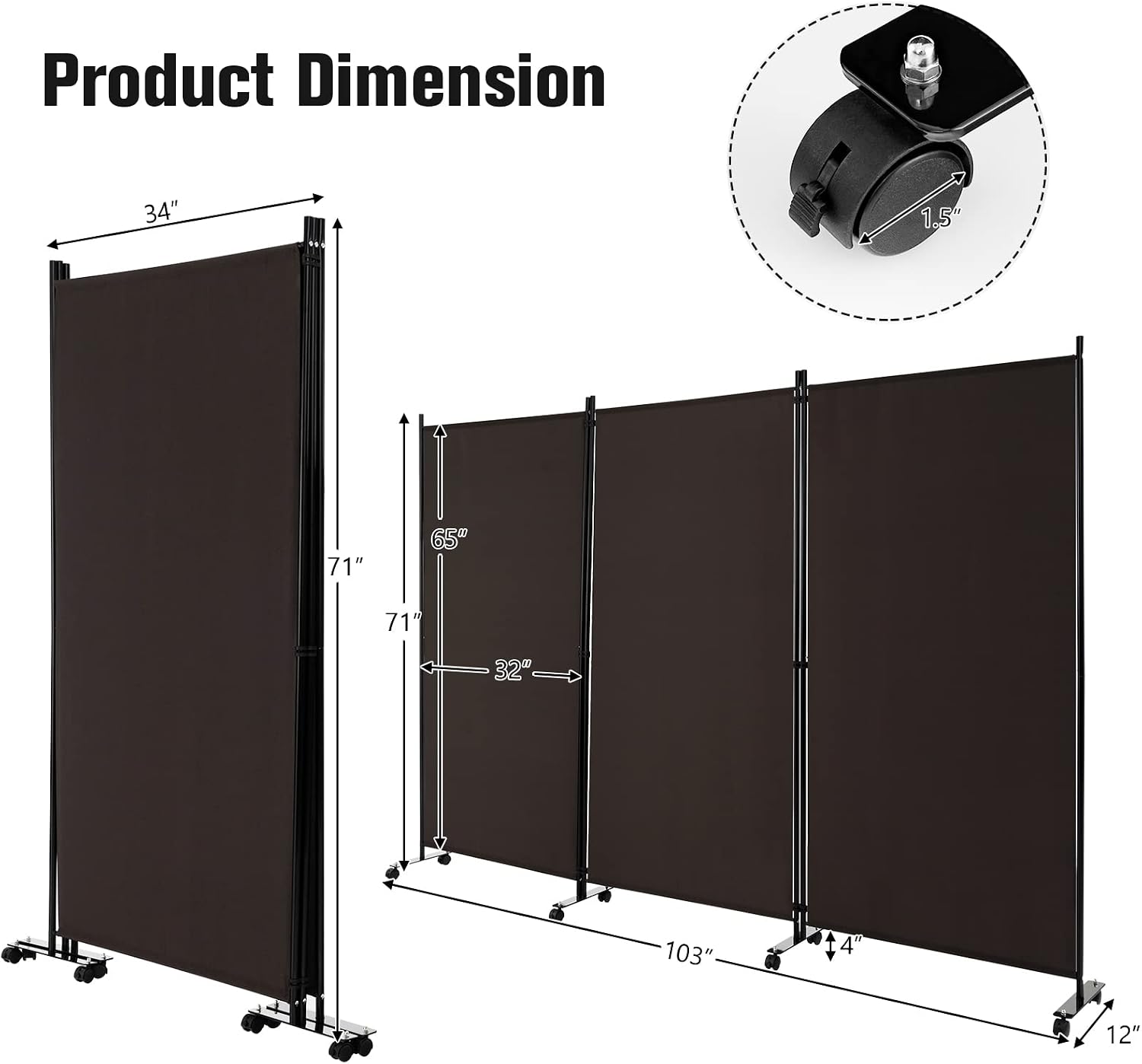 3-Panel Coffee Rolling Room Divider
