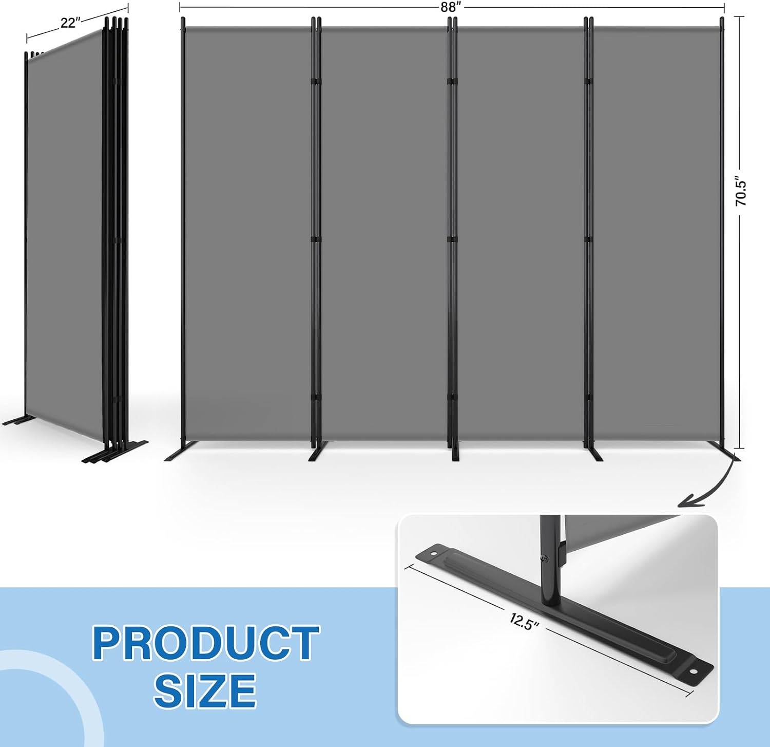 4 Panel Grey Fabric Room Divider