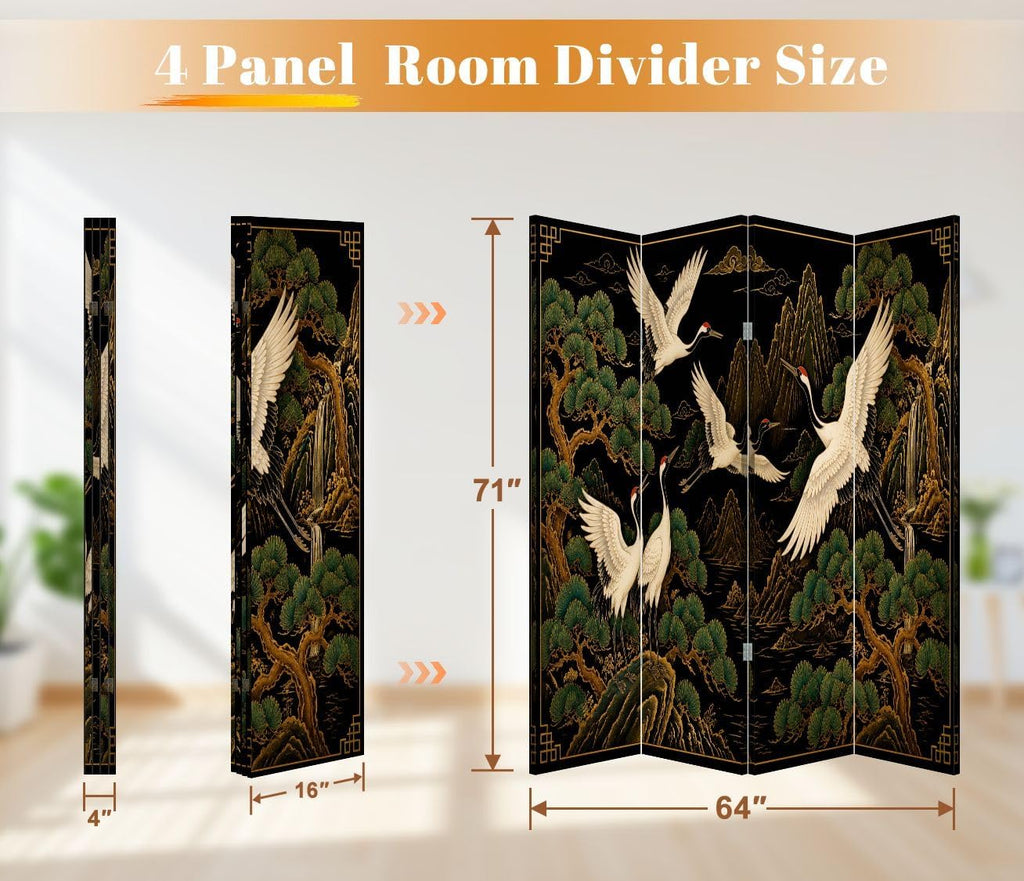 4 Panel Japanese Cranes Canvas Wood Room Divider