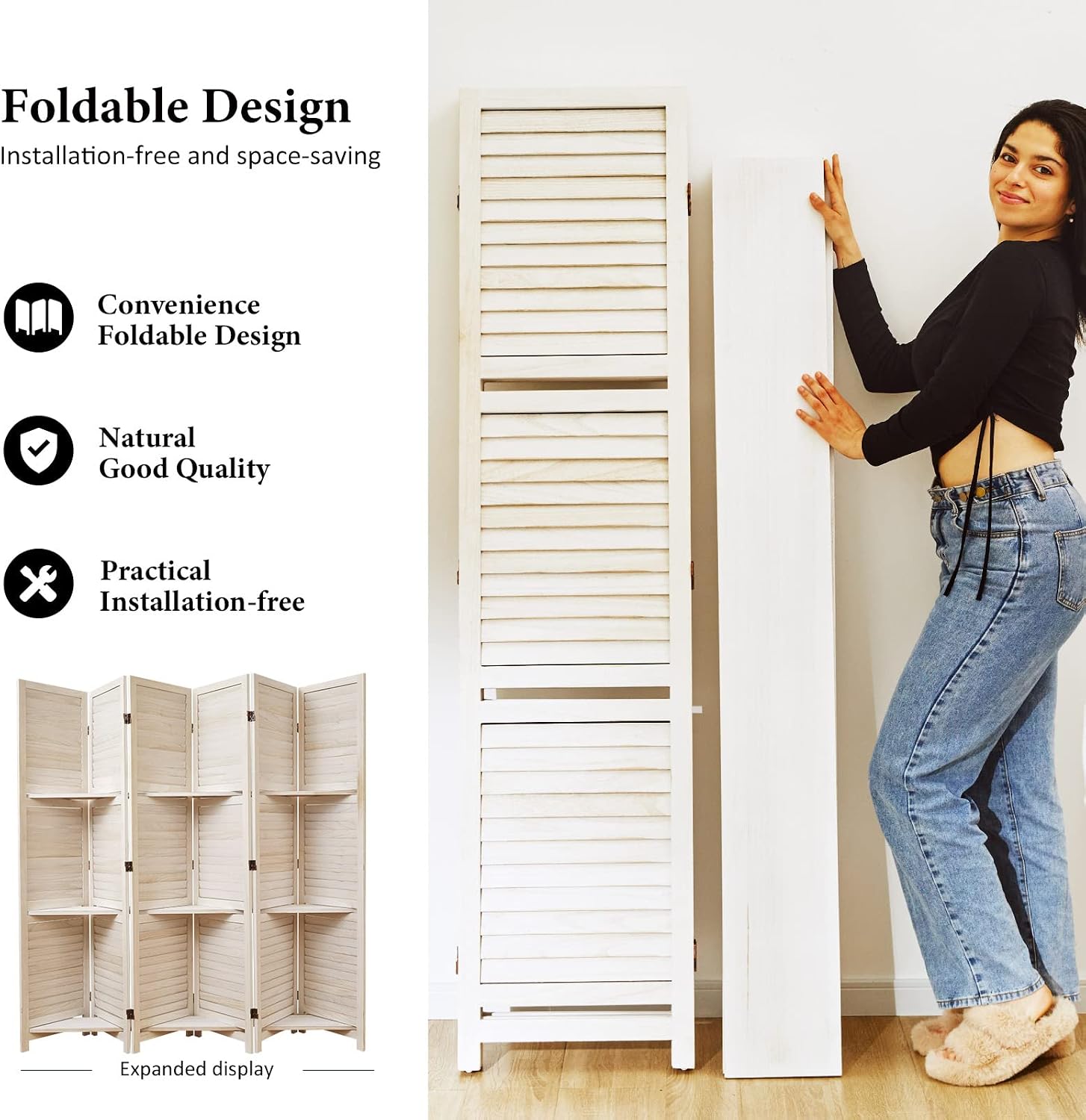 6 Panel White Wood Room Divider with Shelves