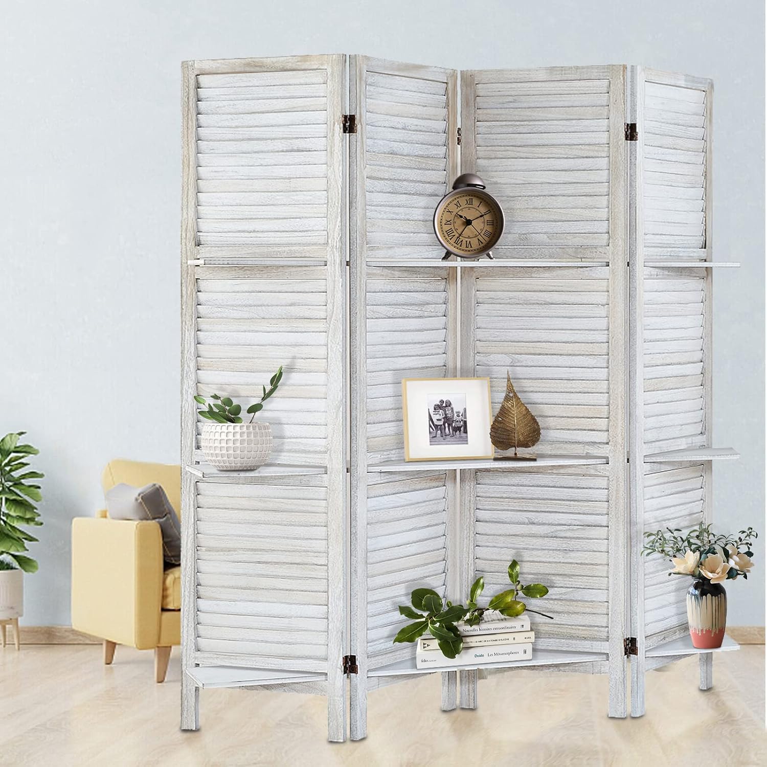 4 Panel White Room Divider with Shelves