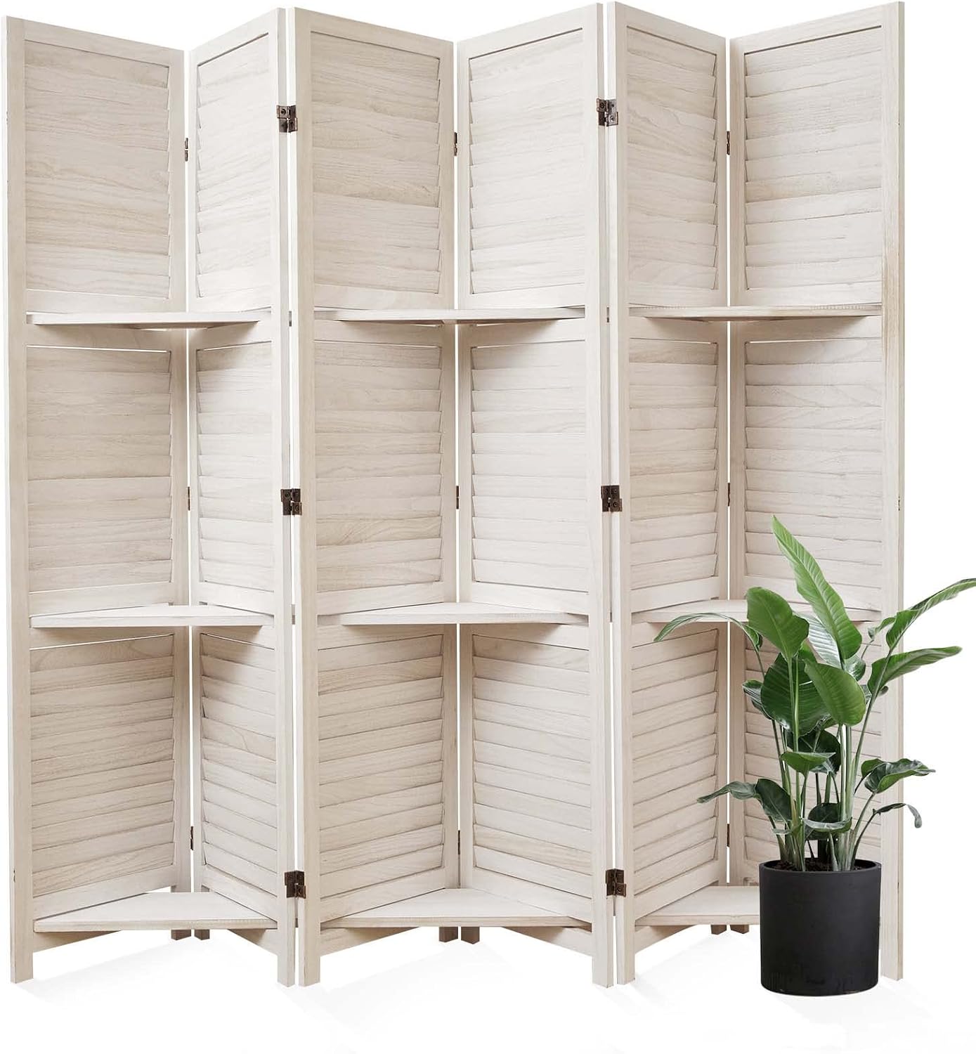 6 Panel White Wood Room Divider with Shelves