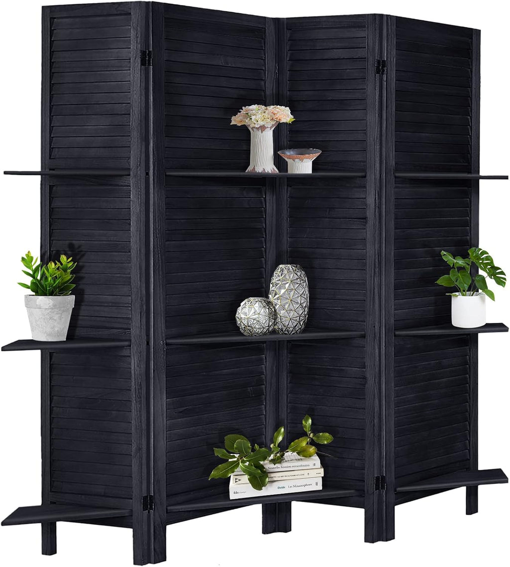 4 Panel Black Wood Room Divider with Shelves