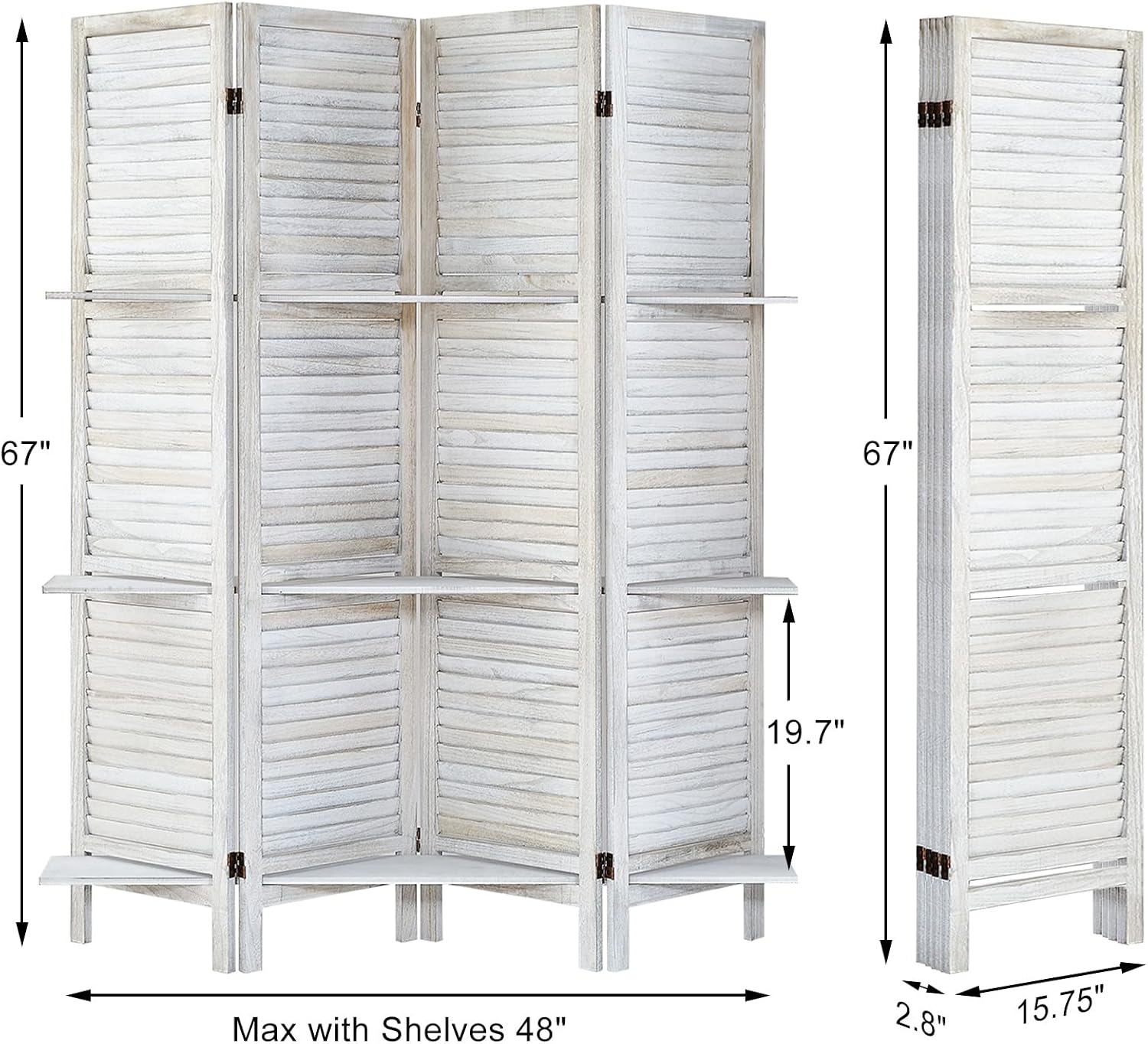 4 Panel White Room Divider with Shelves