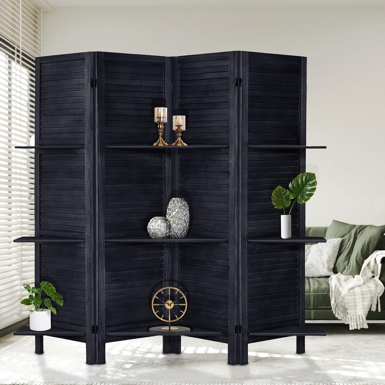 4 Panel Black Wood Room Divider with Shelves