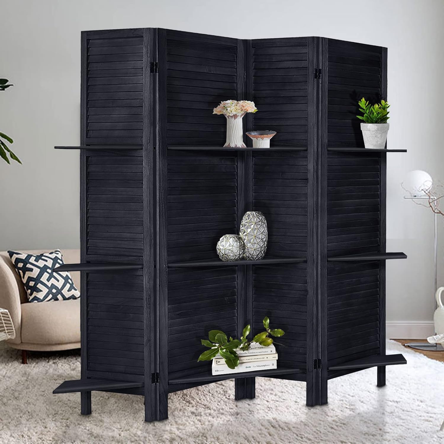 4 Panel Black Wood Room Divider with Shelves