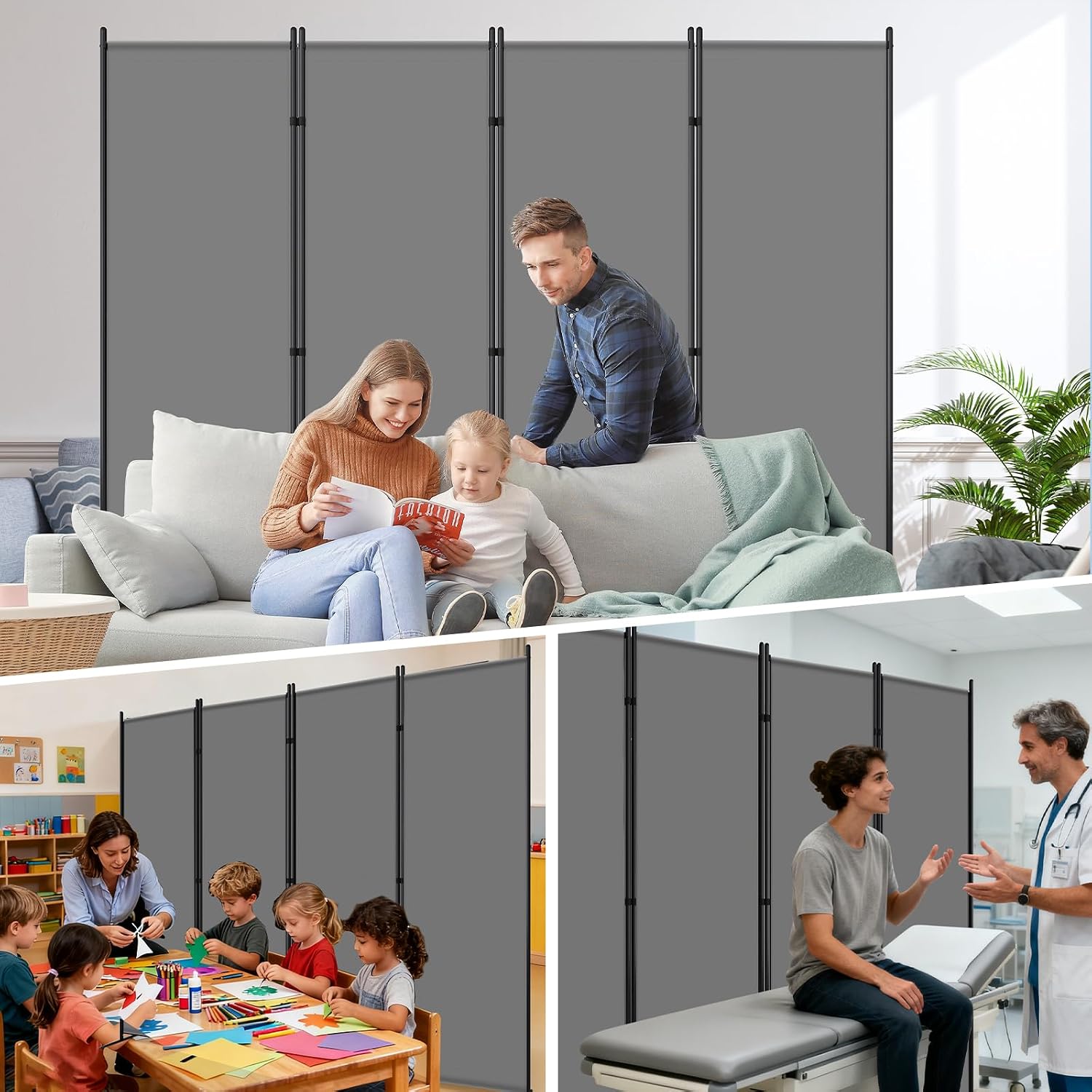 4 Panel Grey Fabric Room Divider
