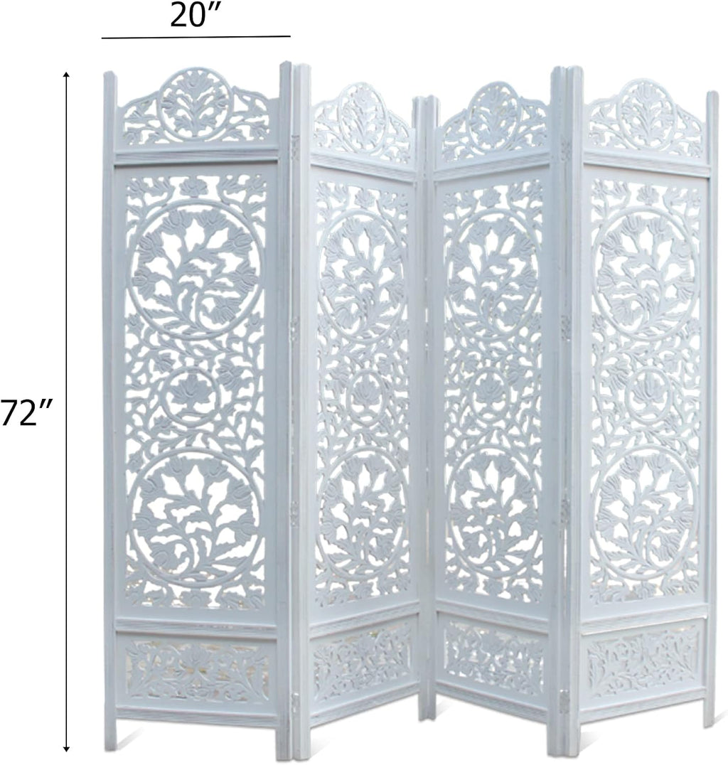 4 Panel Antique White Carved Wood Room Divider