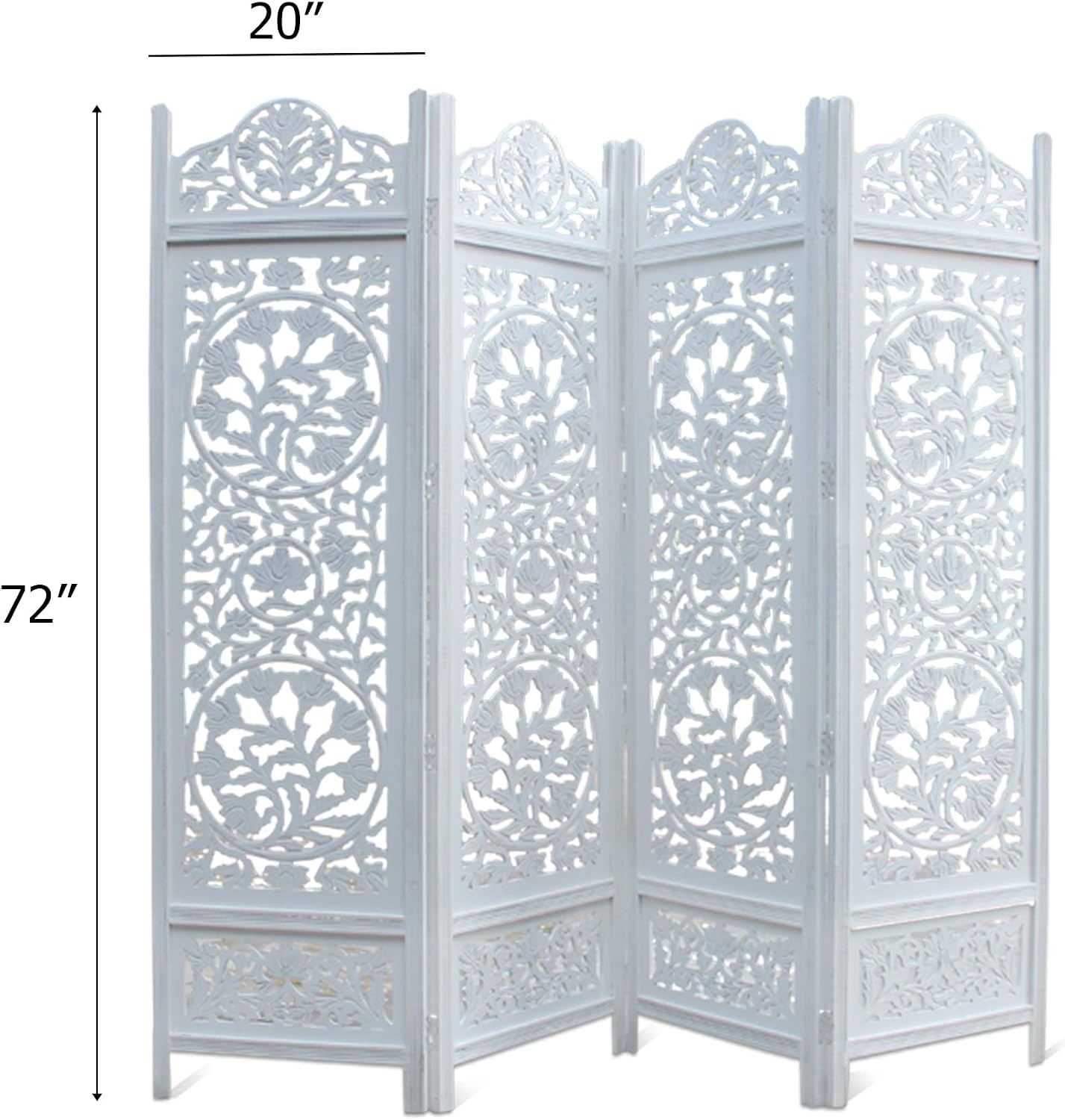 4 Panel Antique White Carved Wood Room Divider