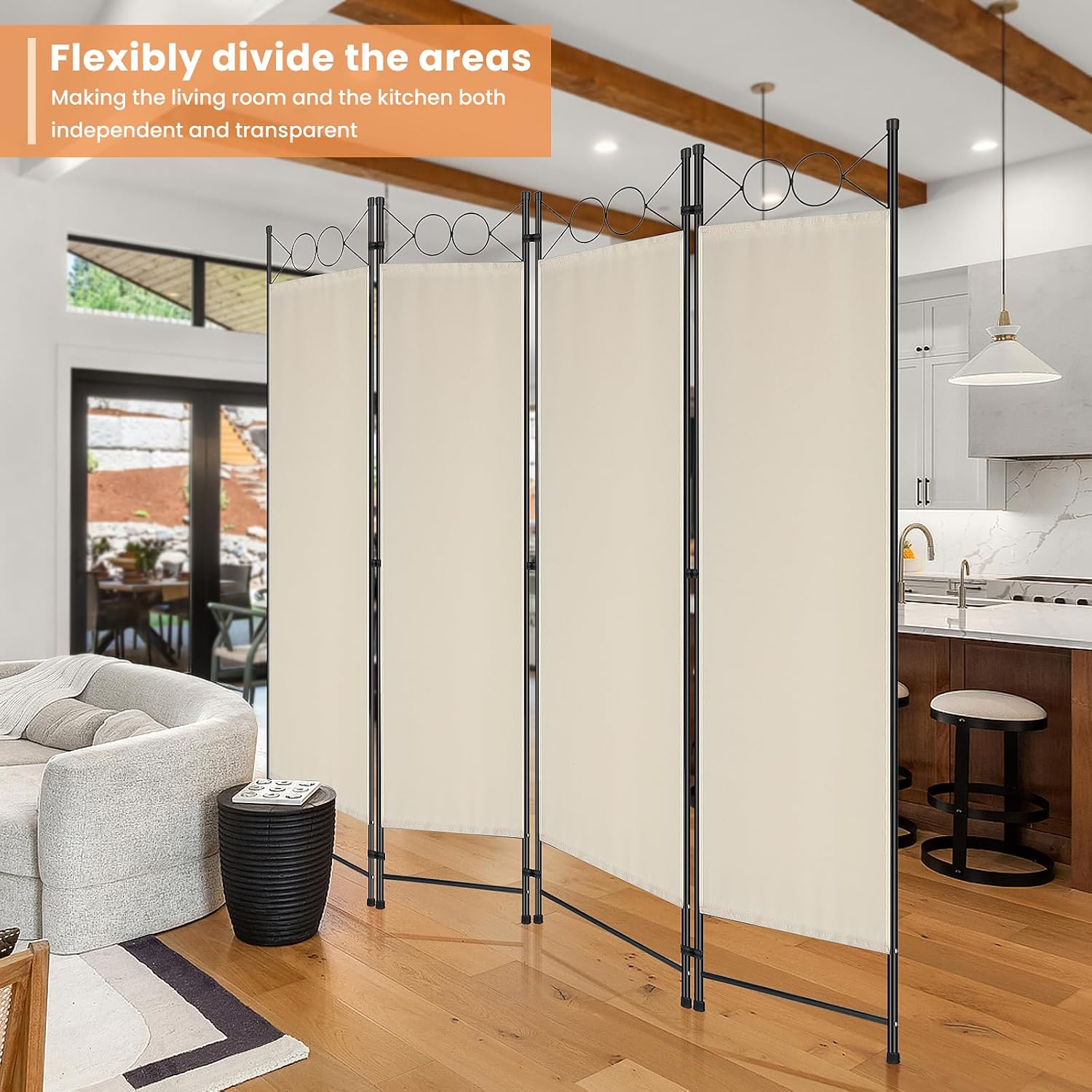 4 Panel Beige Fabric Room Divider