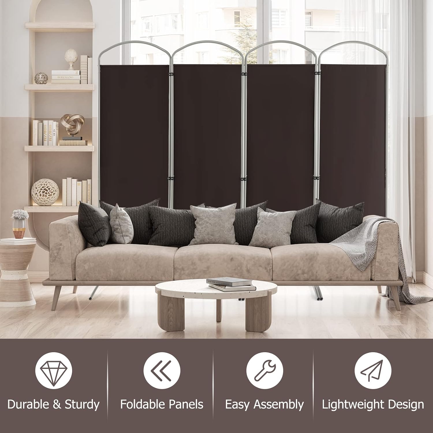4 Panels Brown Fabric Room Divider