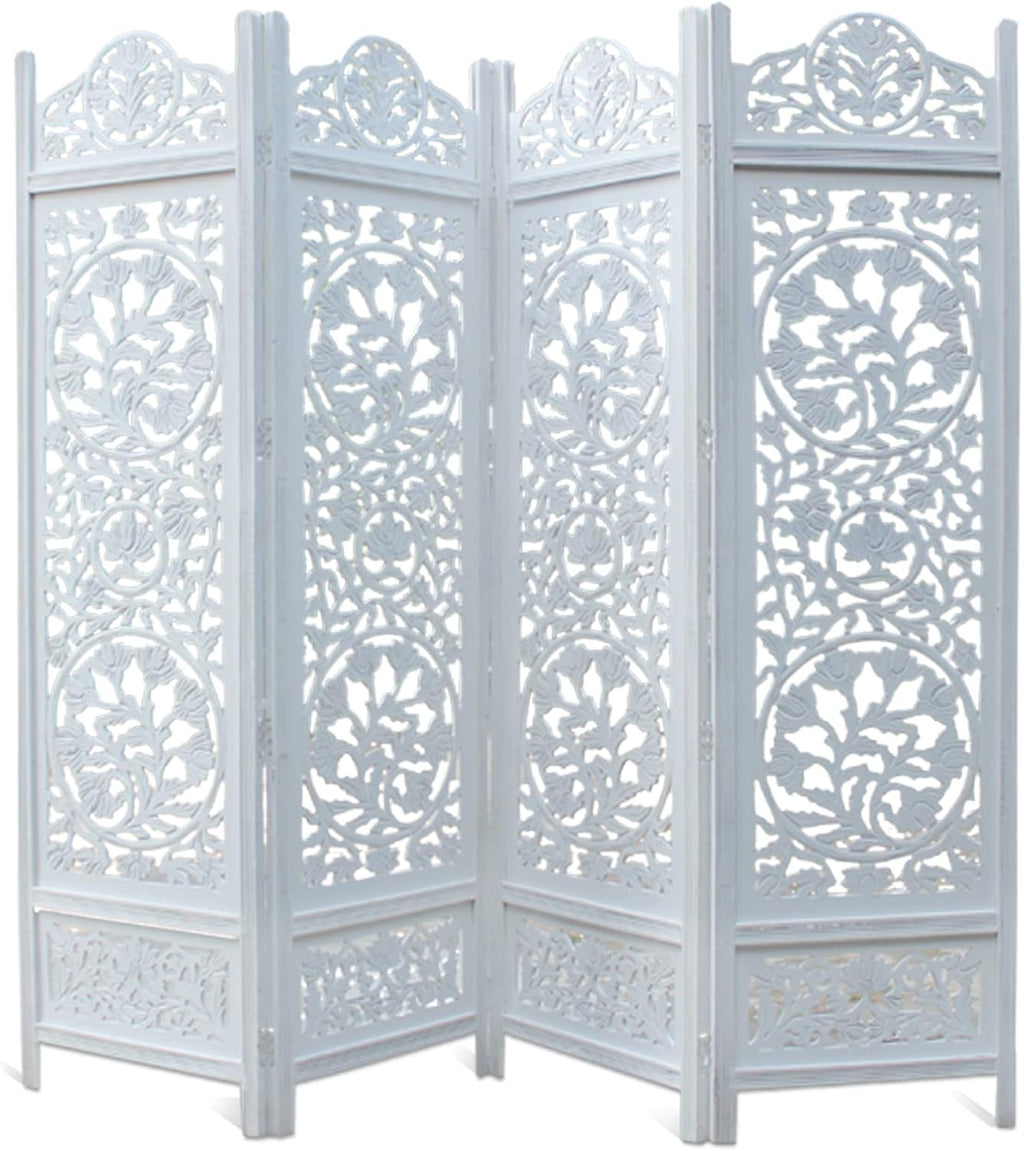 4 Panel Antique White Carved Wood Room Divider