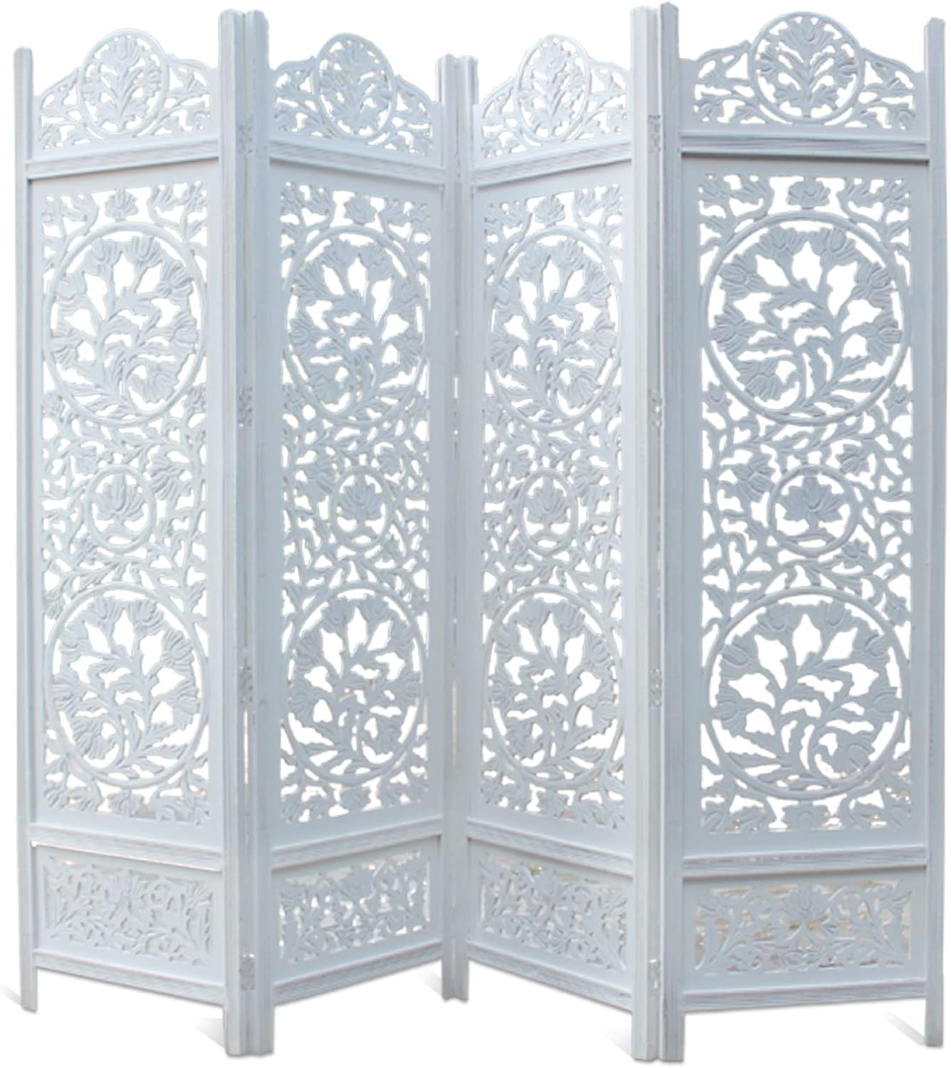 4 Panel Antique White Carved Wood Room Divider