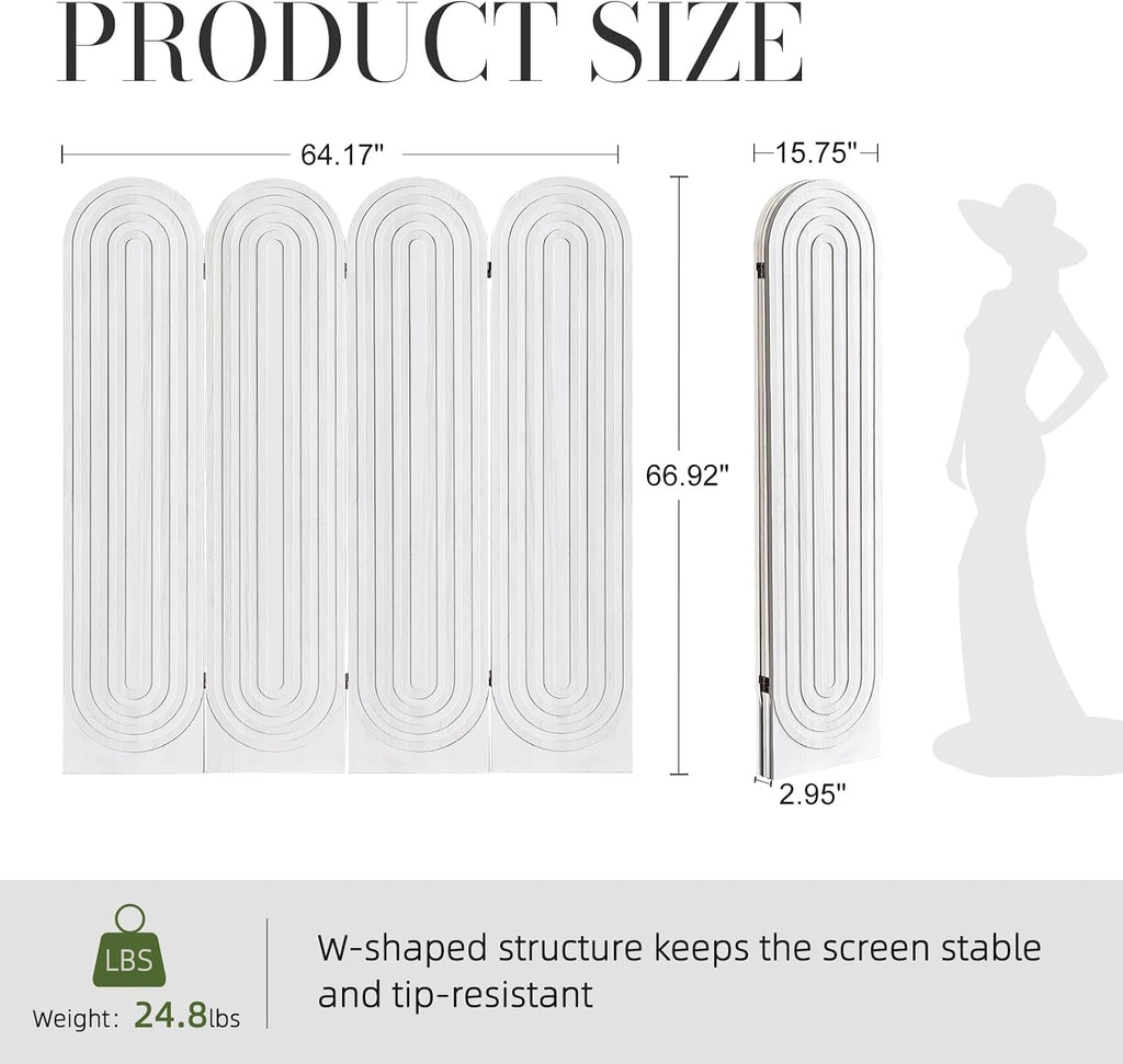 4 Panel White Wood Folding Room Divider