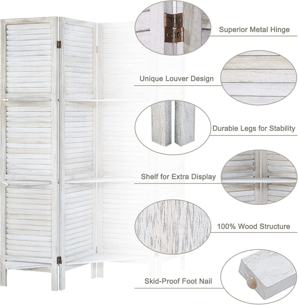 4 Panel White Room Divider with Shelves