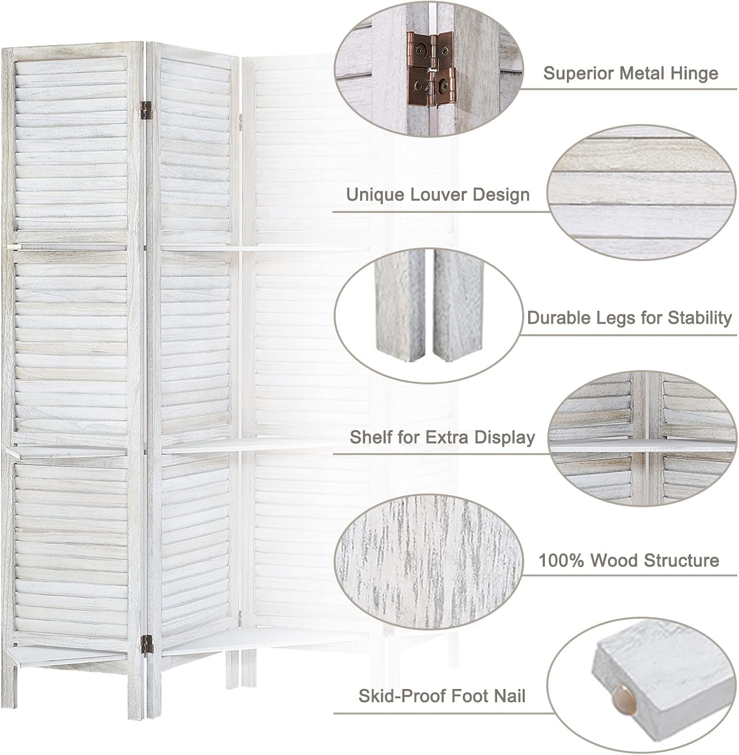 4 Panel White Room Divider with Shelves