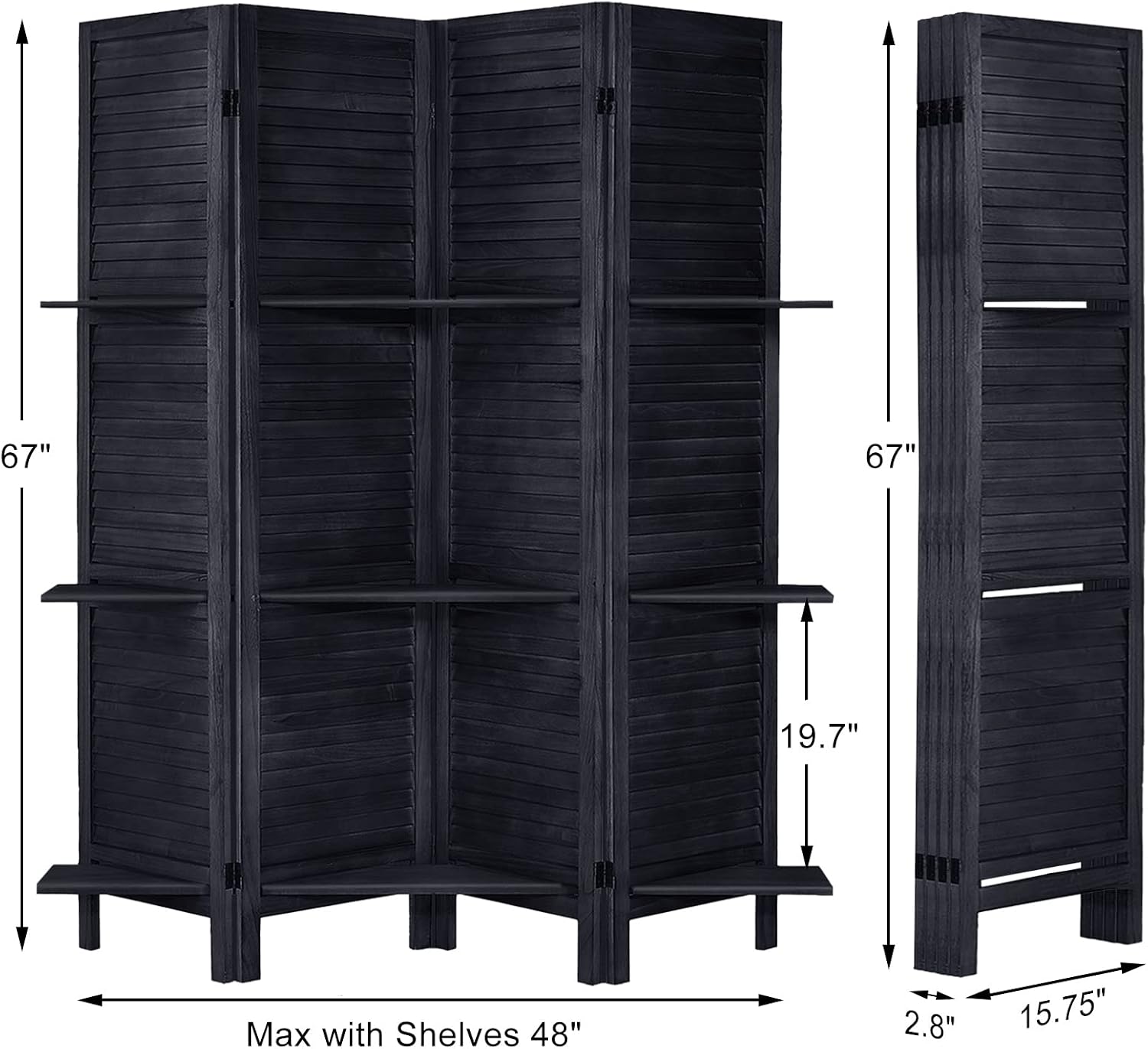 4 Panel Black Wood Room Divider with Shelves