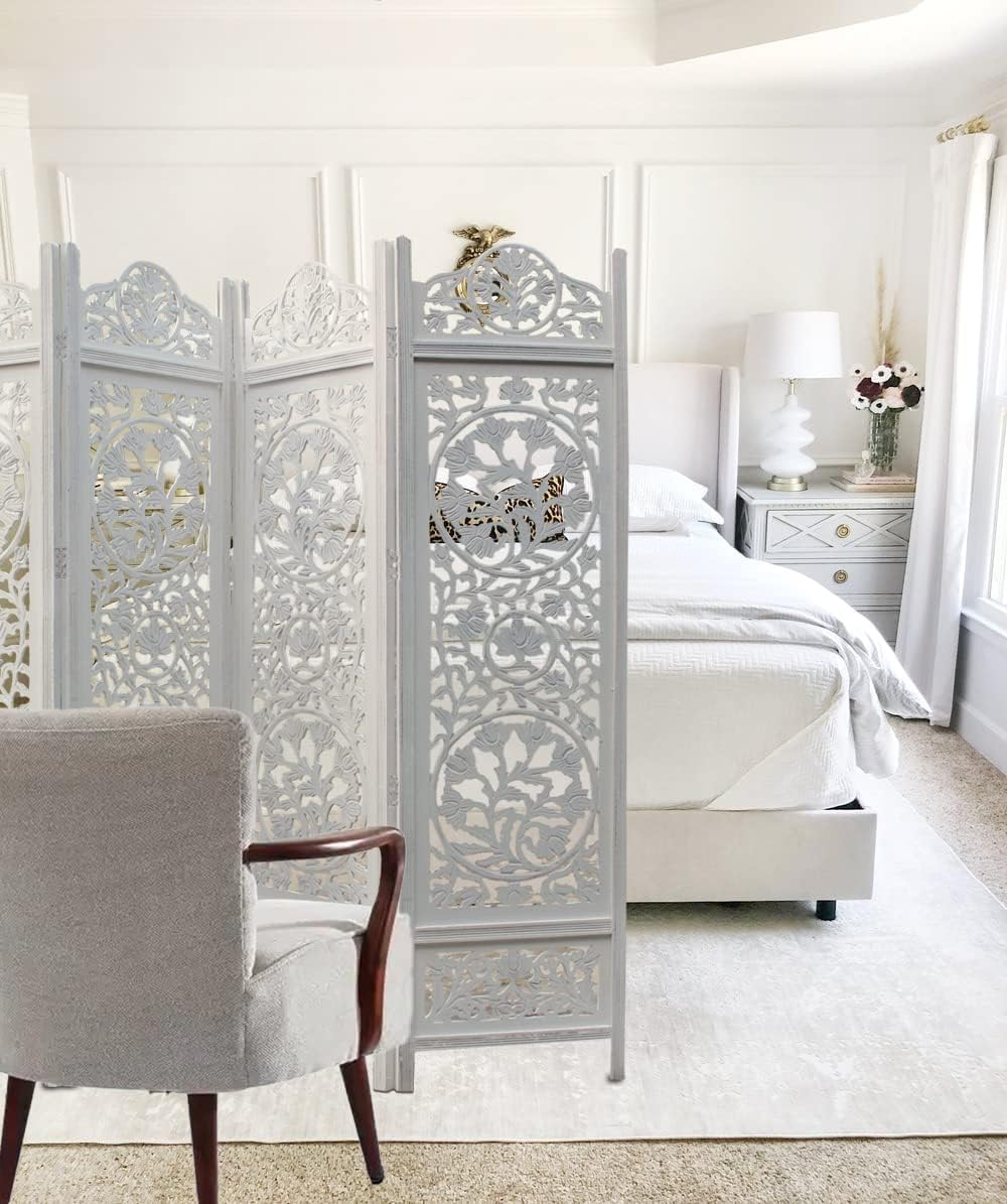4 Panel Antique White Carved Wood Room Divider