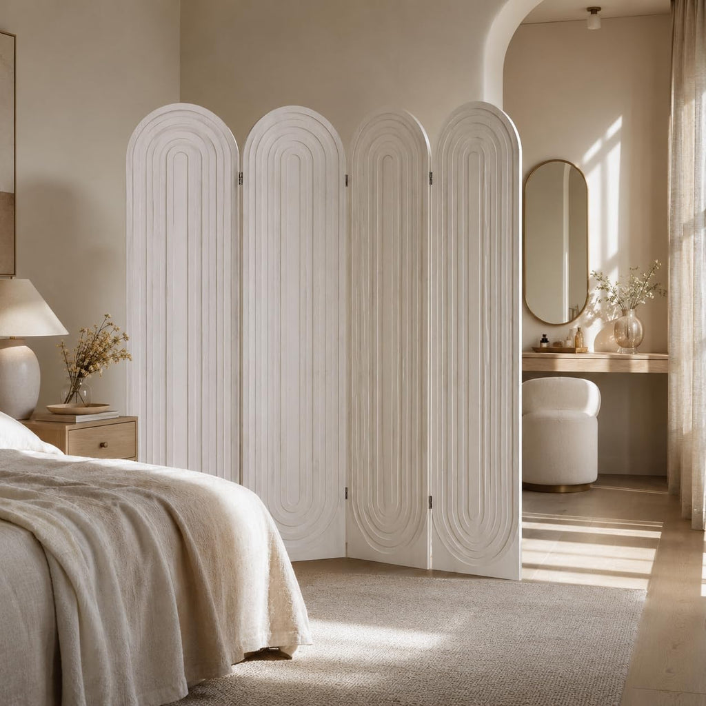 4 Panel White Wood Folding Room Divider