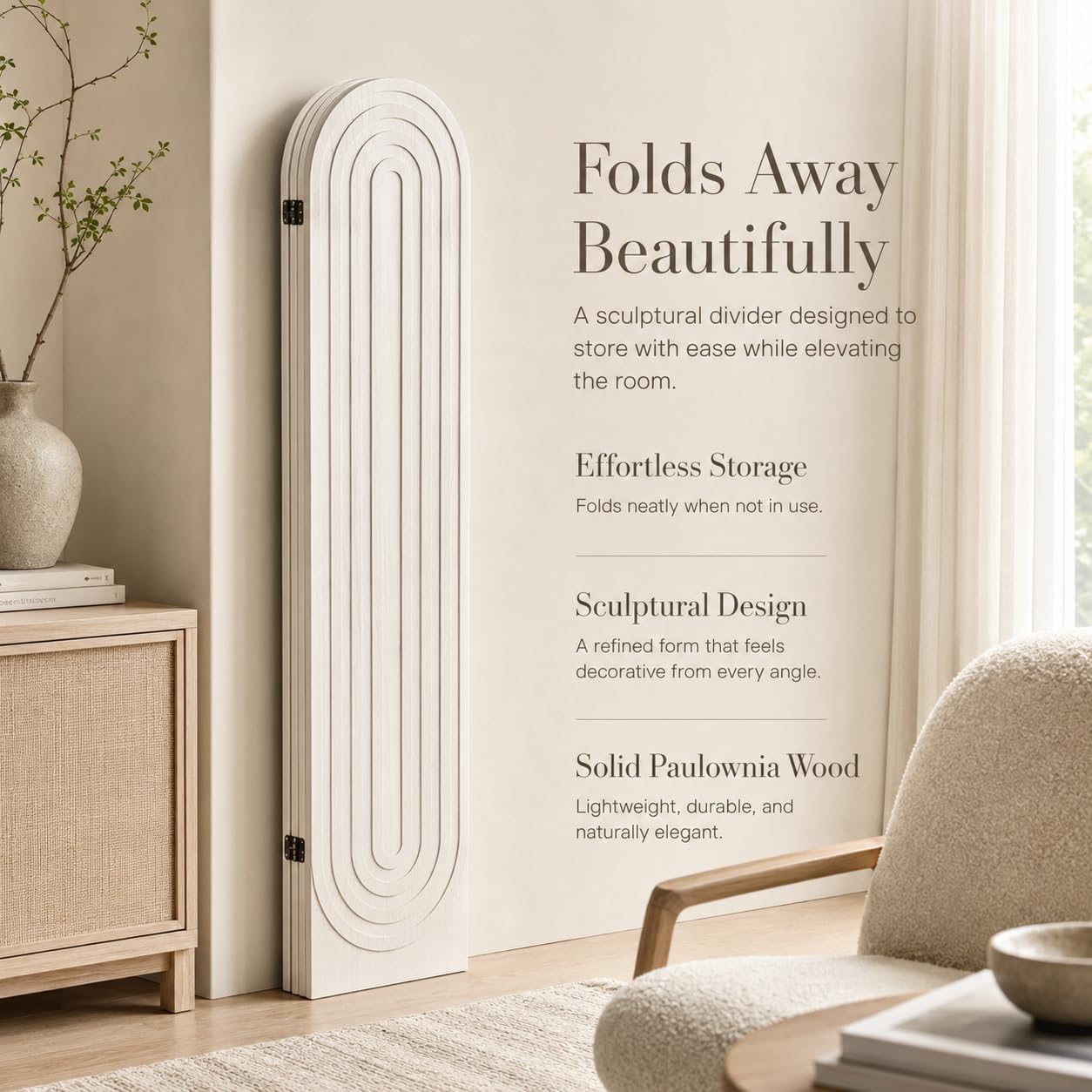 4 Panel White Wood Folding Room Divider