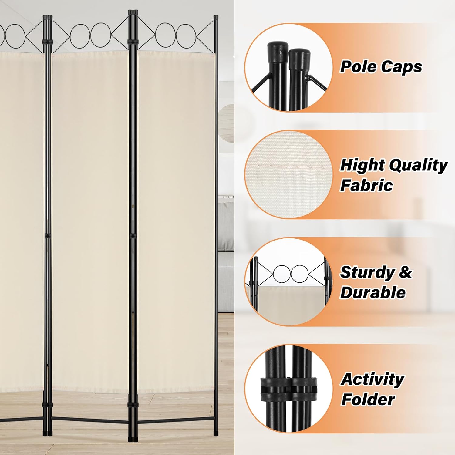 4 Panel Beige Fabric Room Divider