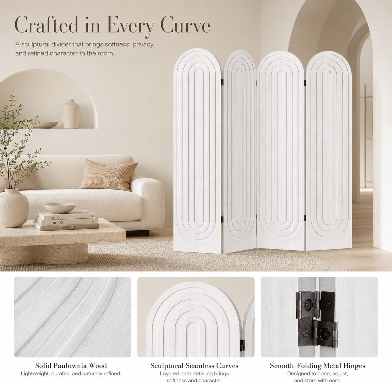 4 Panel White Wood Folding Room Divider