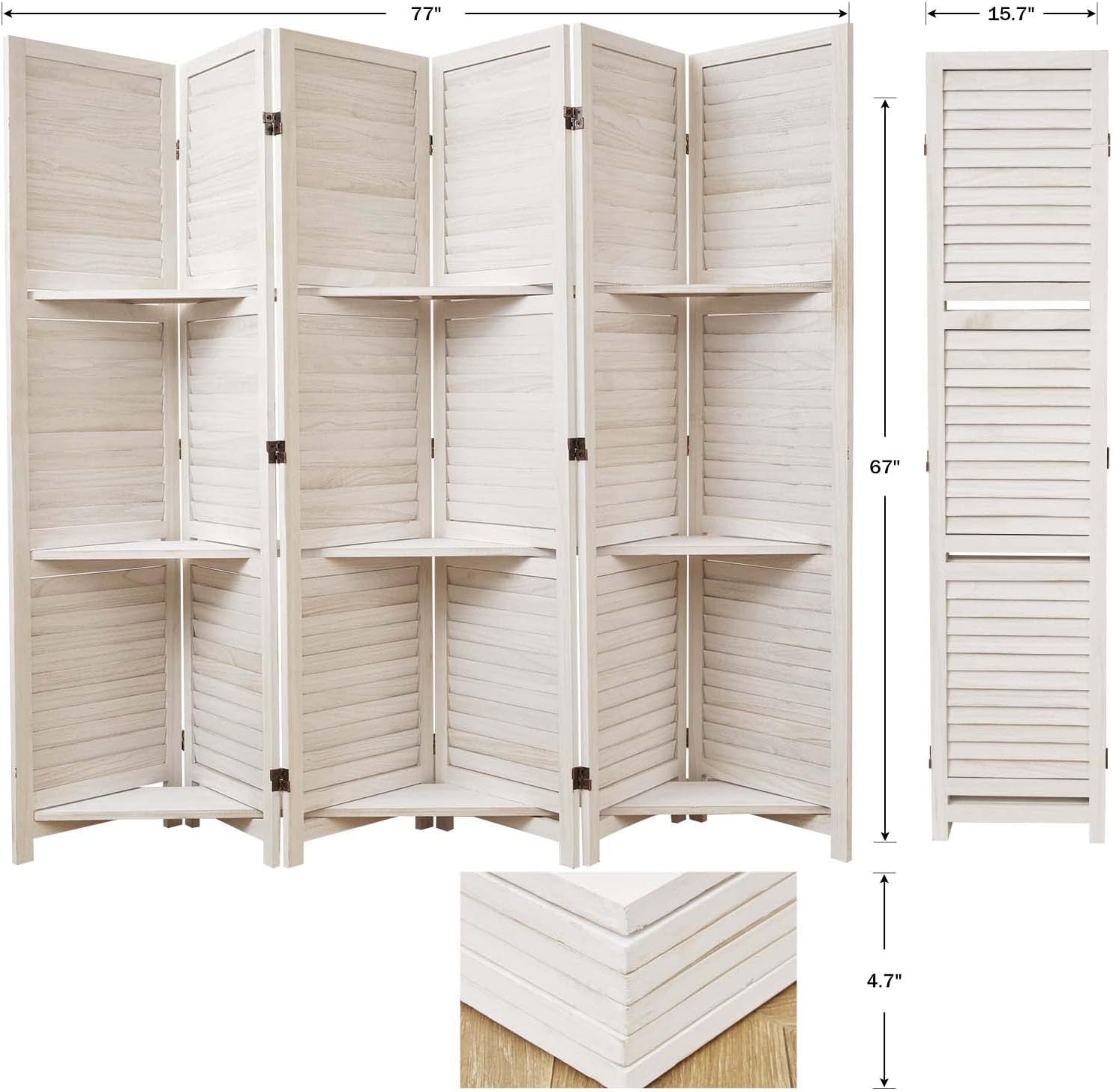6 Panel White Wood Room Divider with Shelves