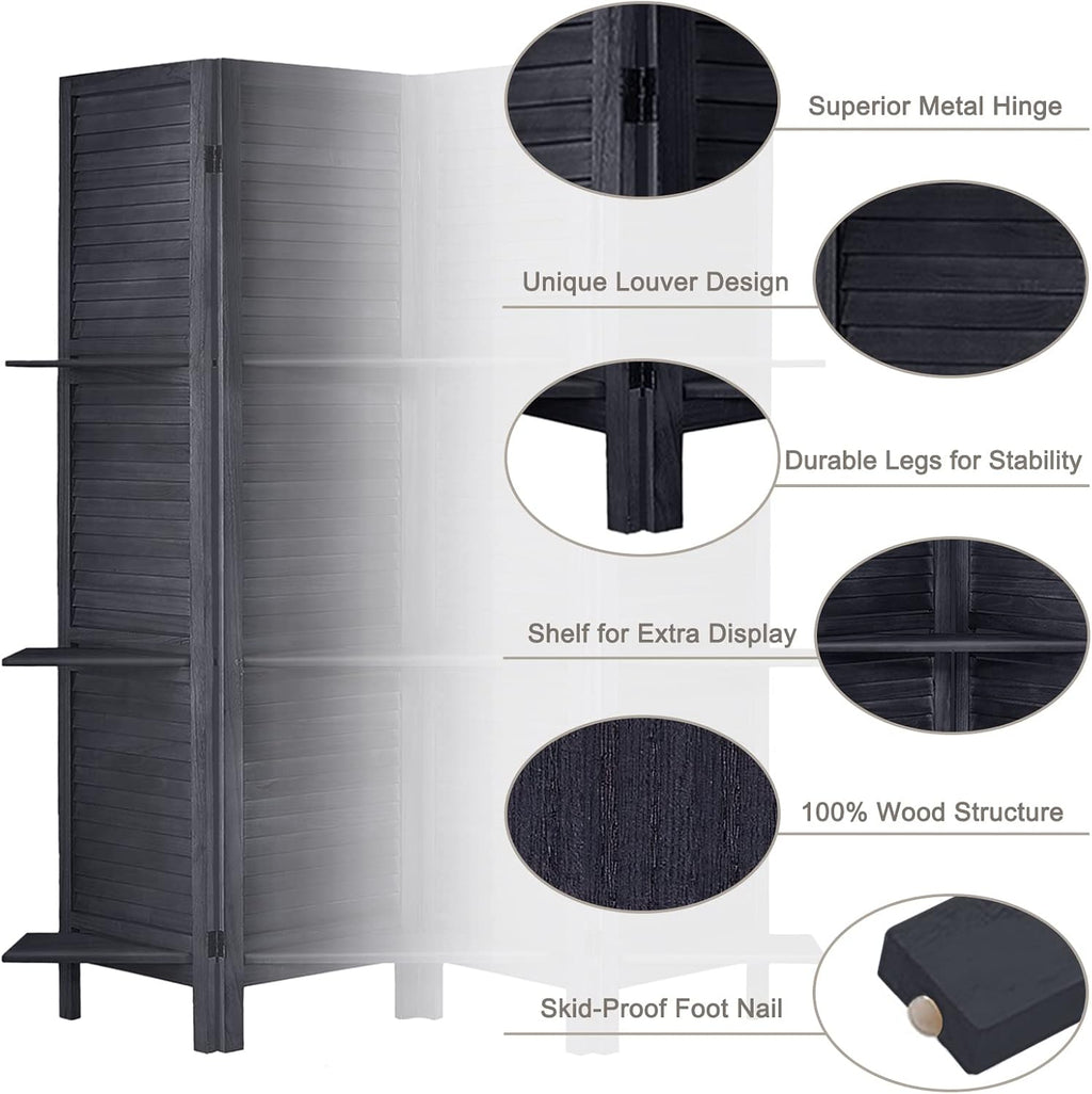 4 Panel Black Wood Room Divider with Shelves