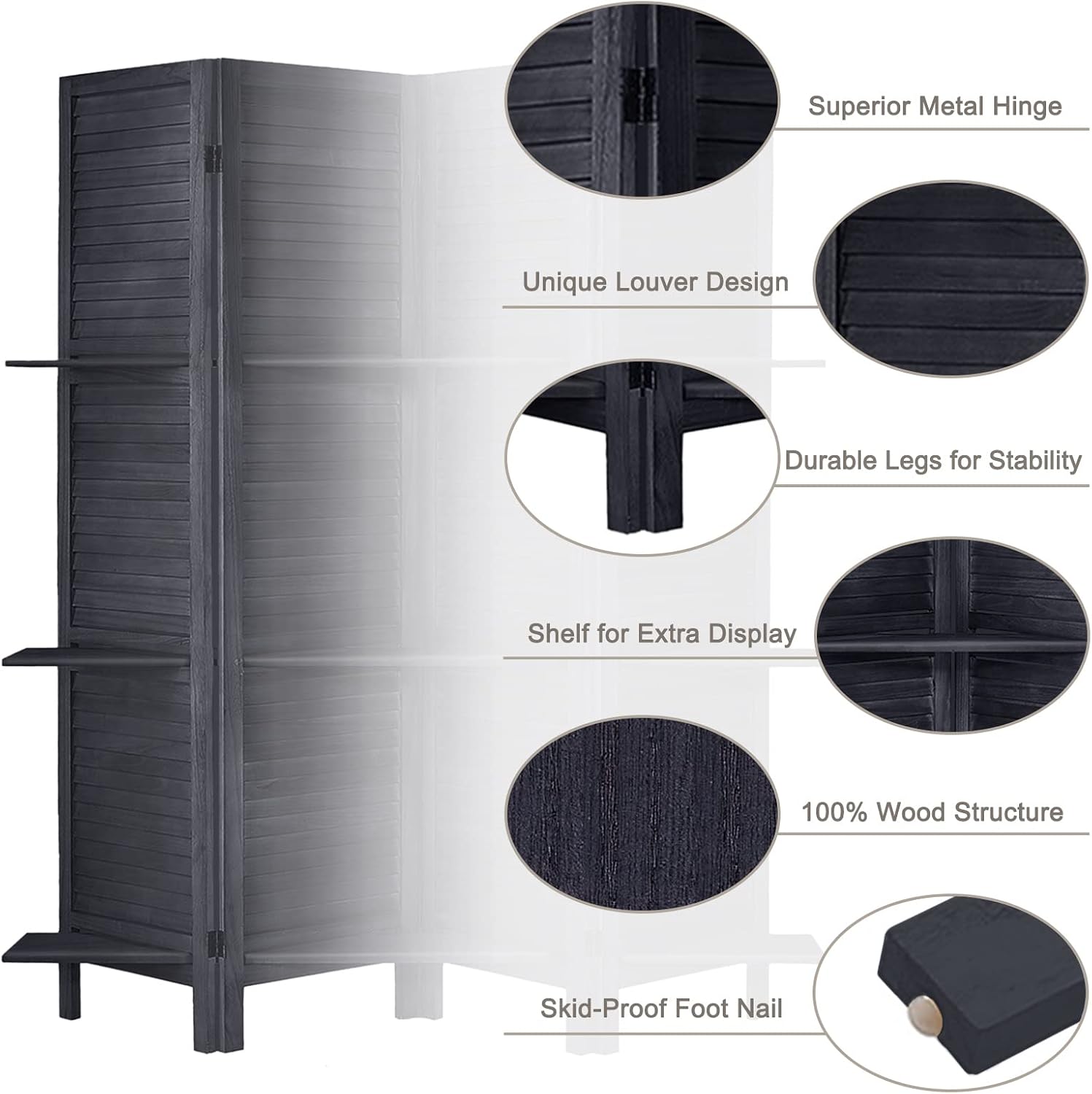 4 Panel Black Wood Room Divider with Shelves
