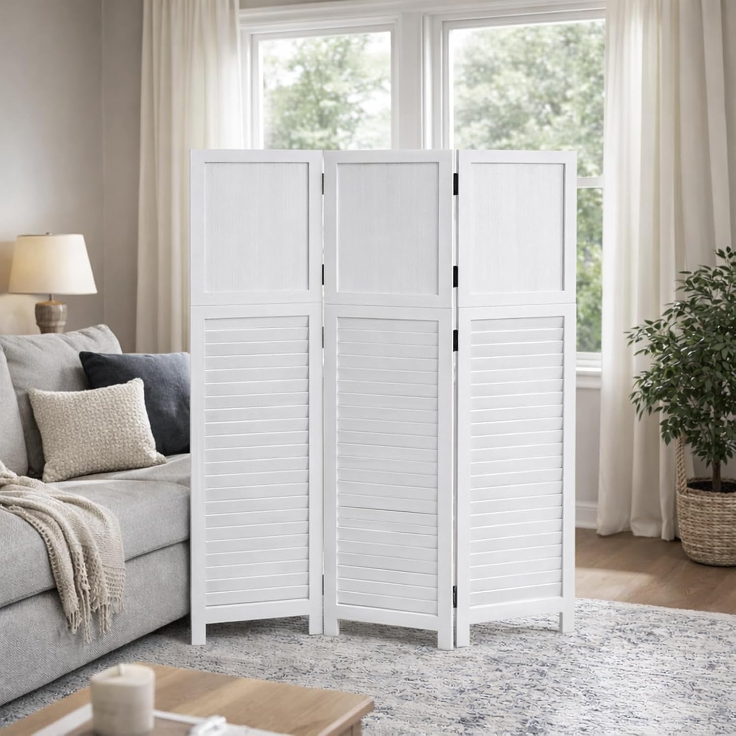 3 Panel White Louvered Wood Room Divider