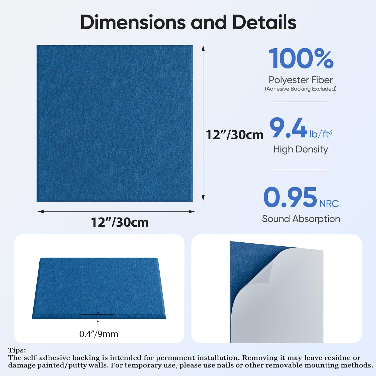 12 Pack Yale Blue Square Acoustic Panels