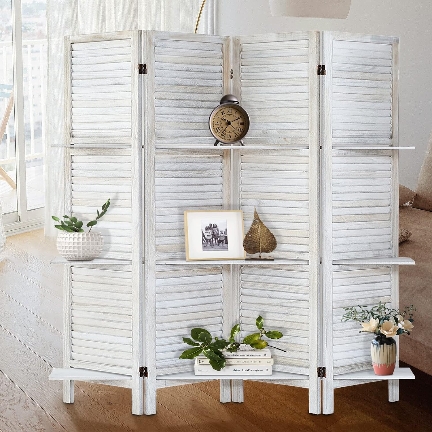 4 Panel White Room Divider with Shelves