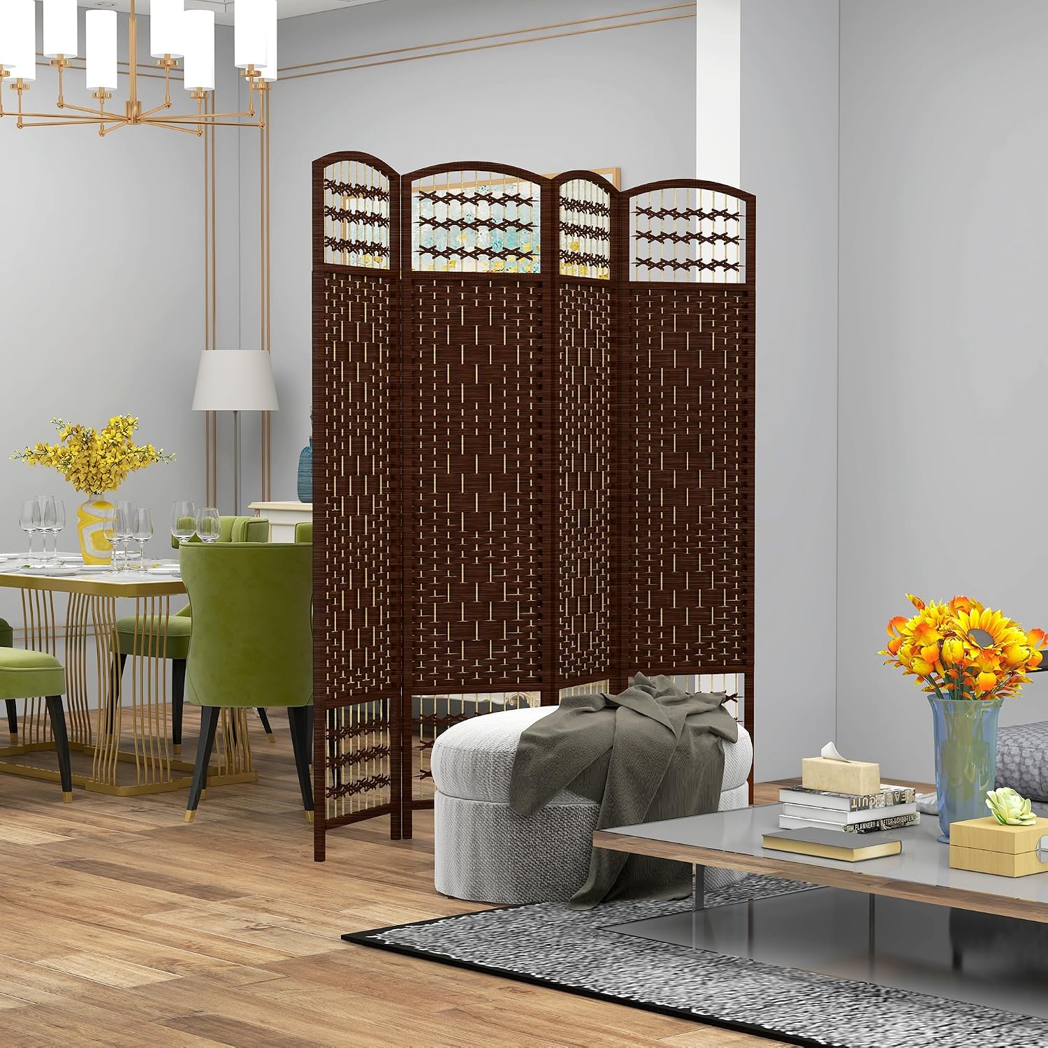 4 Panel Brown Wave Room Divider Screen