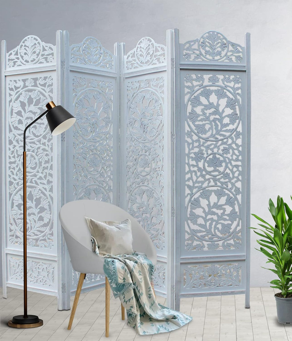 4 Panel Antique White Carved Wood Room Divider
