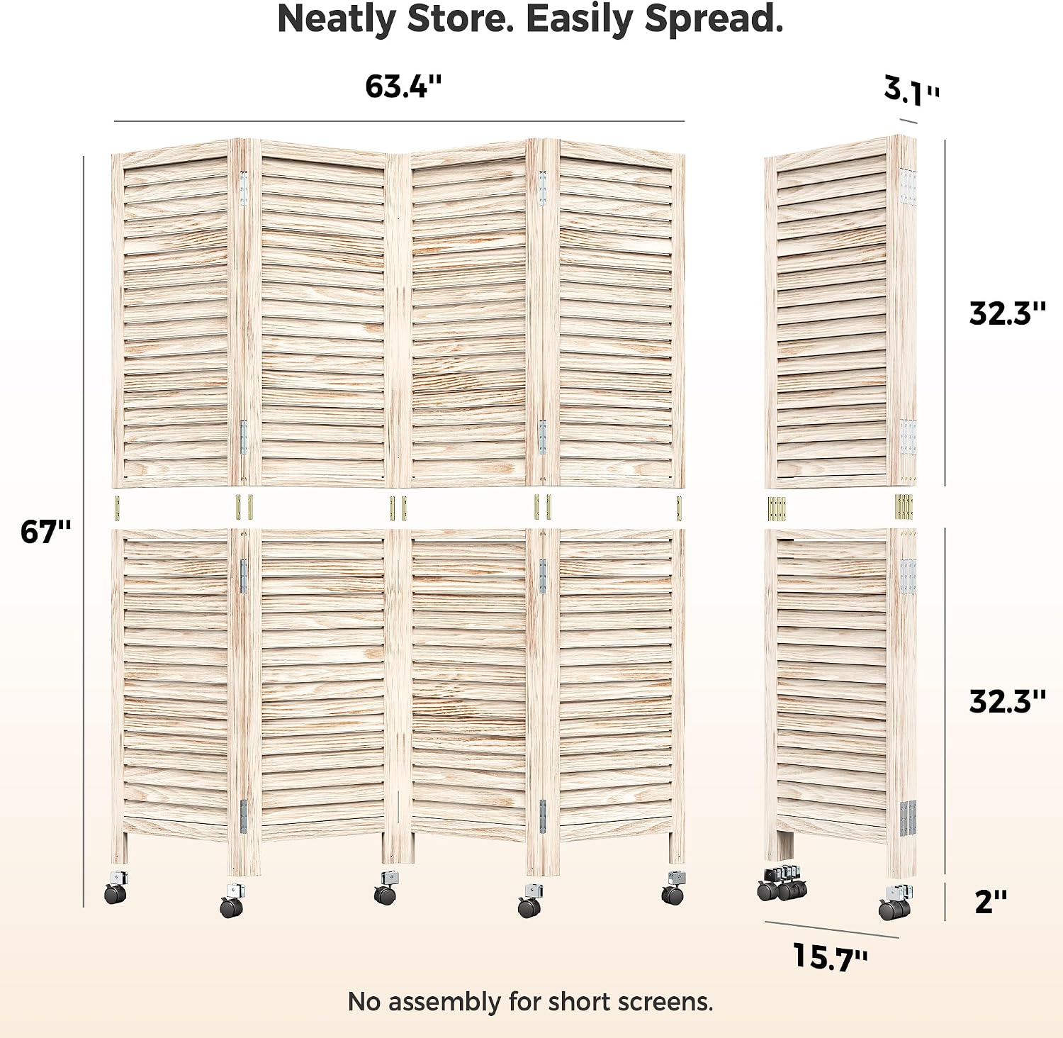 4 Panel Louvered Wood Room Divider with Wheels