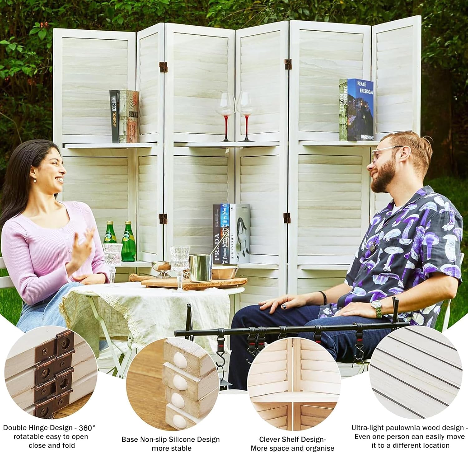 6 Panel White Wood Room Divider with Shelves