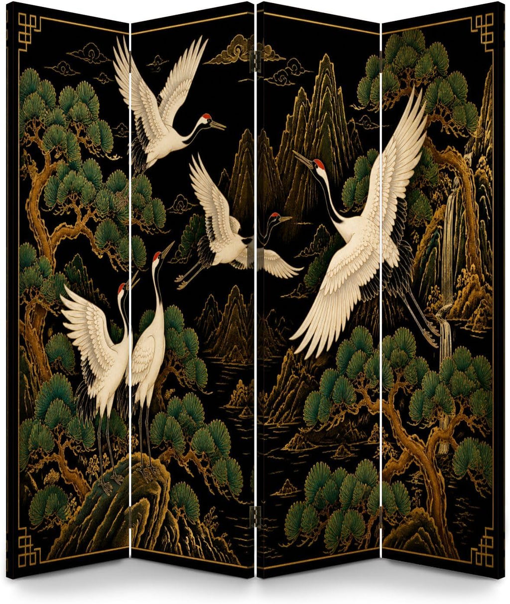 4 Panel Japanese Cranes Canvas Wood Room Divider