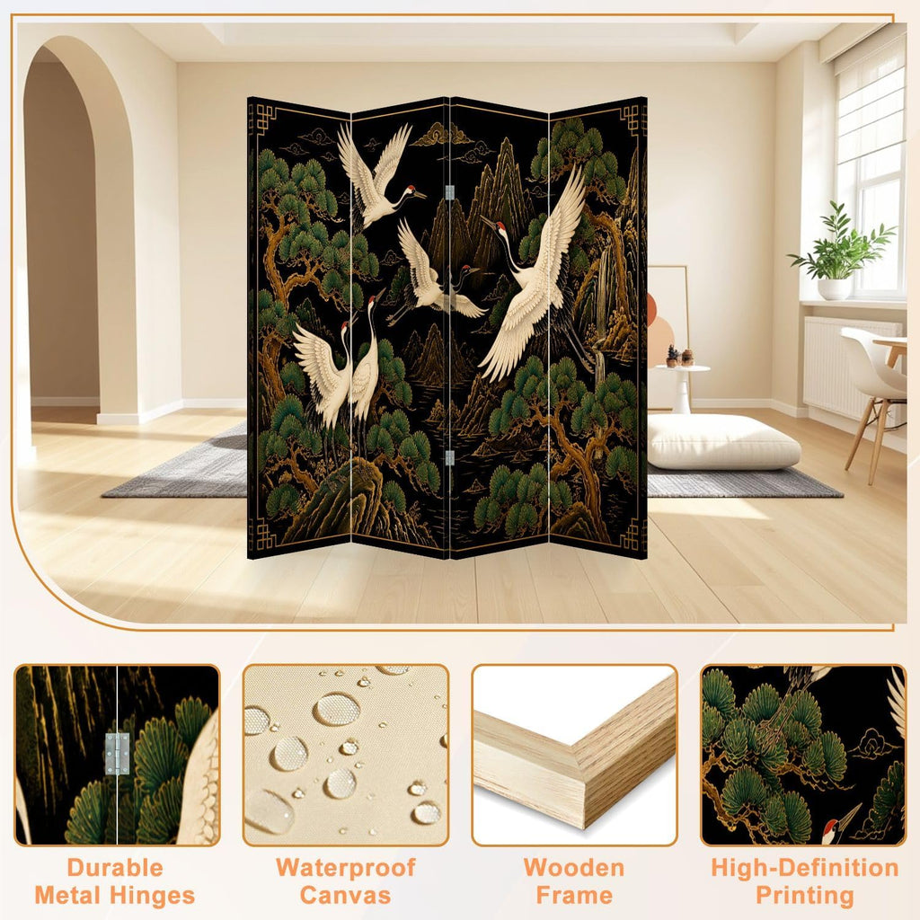 4 Panel Japanese Cranes Canvas Wood Room Divider