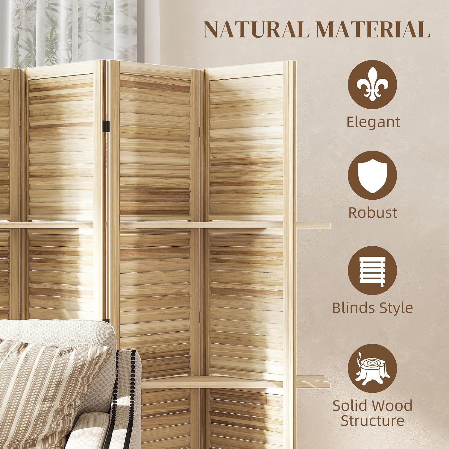 6 Panel Natural Wood Room Divider with Shelves
