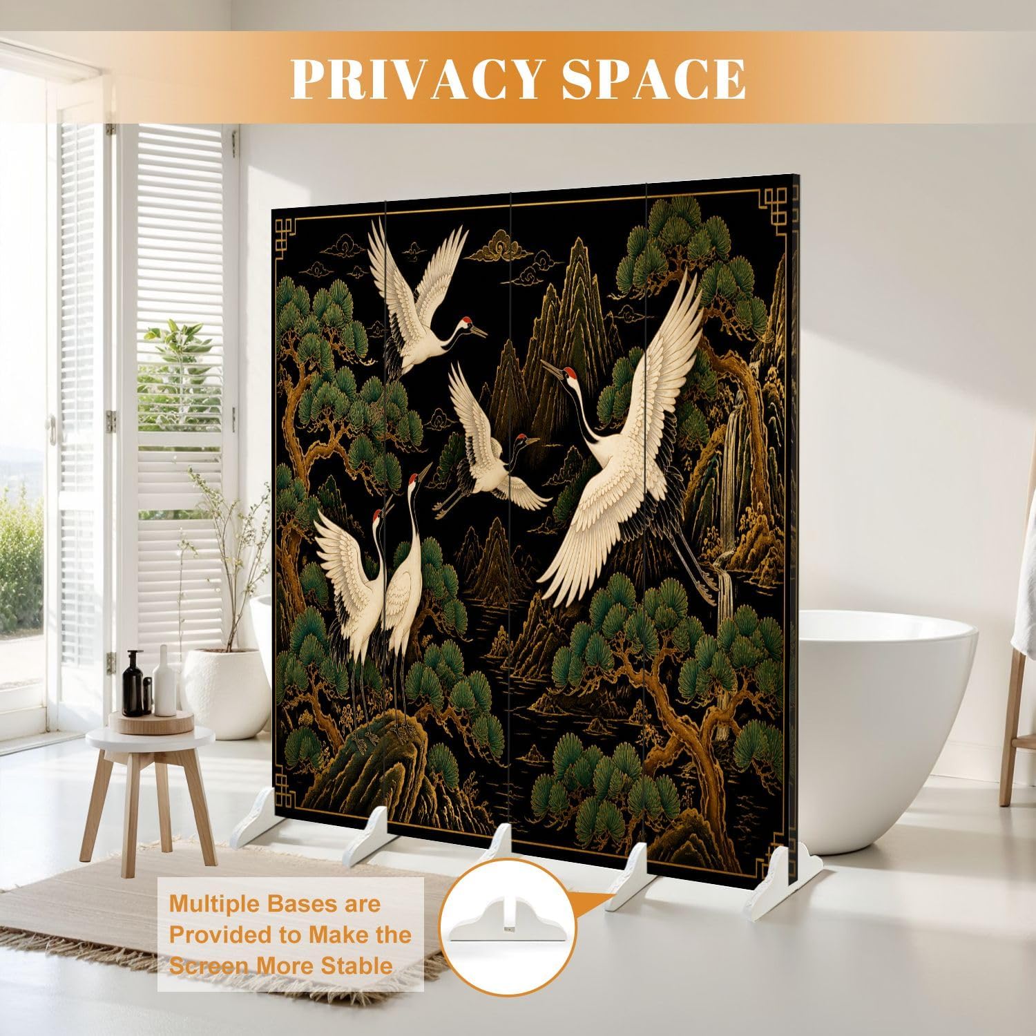 4 Panel Japanese Cranes Canvas Wood Room Divider