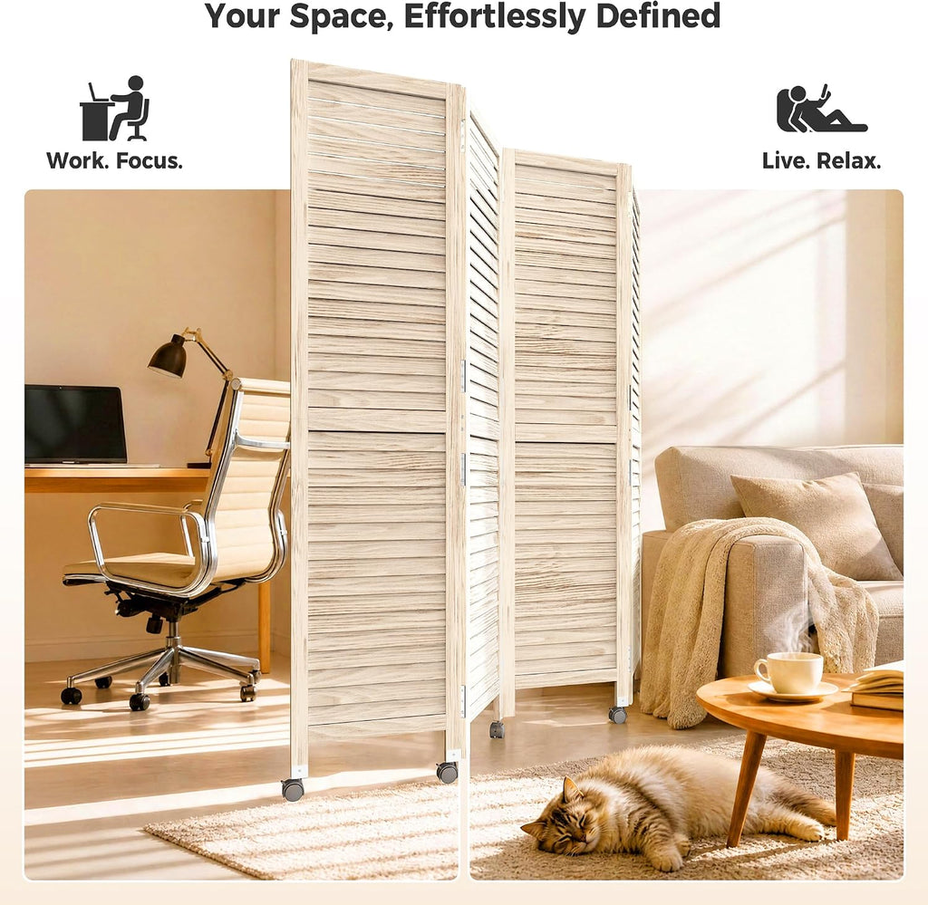4 Panel Louvered Wood Room Divider with Wheels