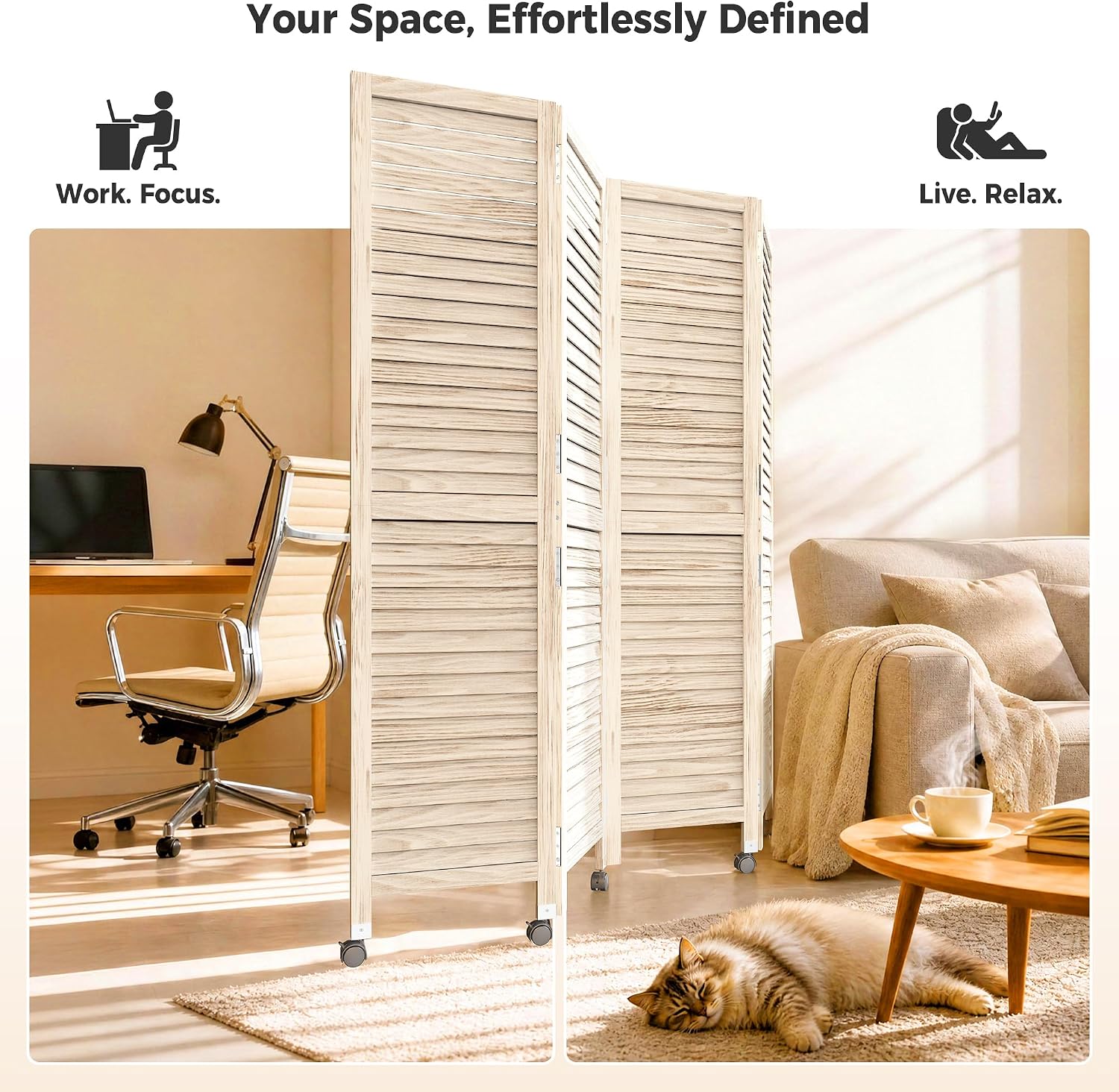 4 Panel Louvered Wood Room Divider with Wheels