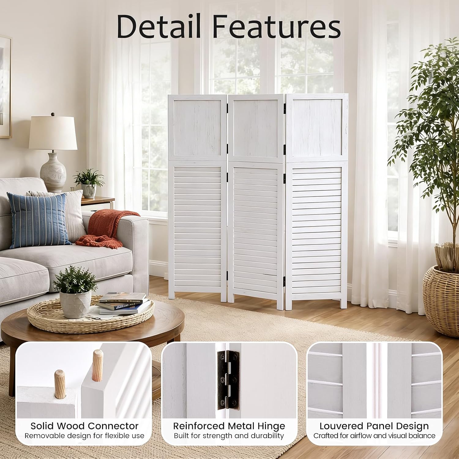 3 Panel White Louvered Wood Room Divider
