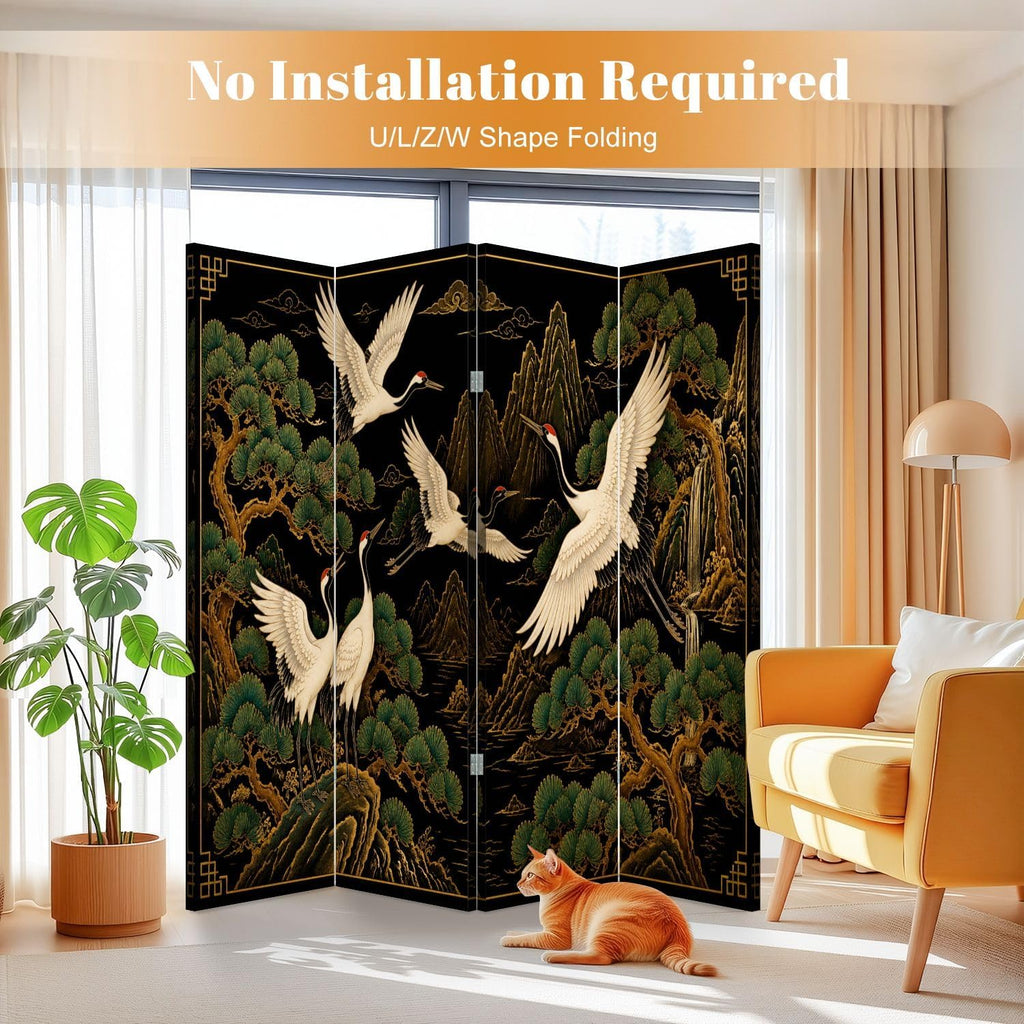 4 Panel Japanese Cranes Canvas Wood Room Divider