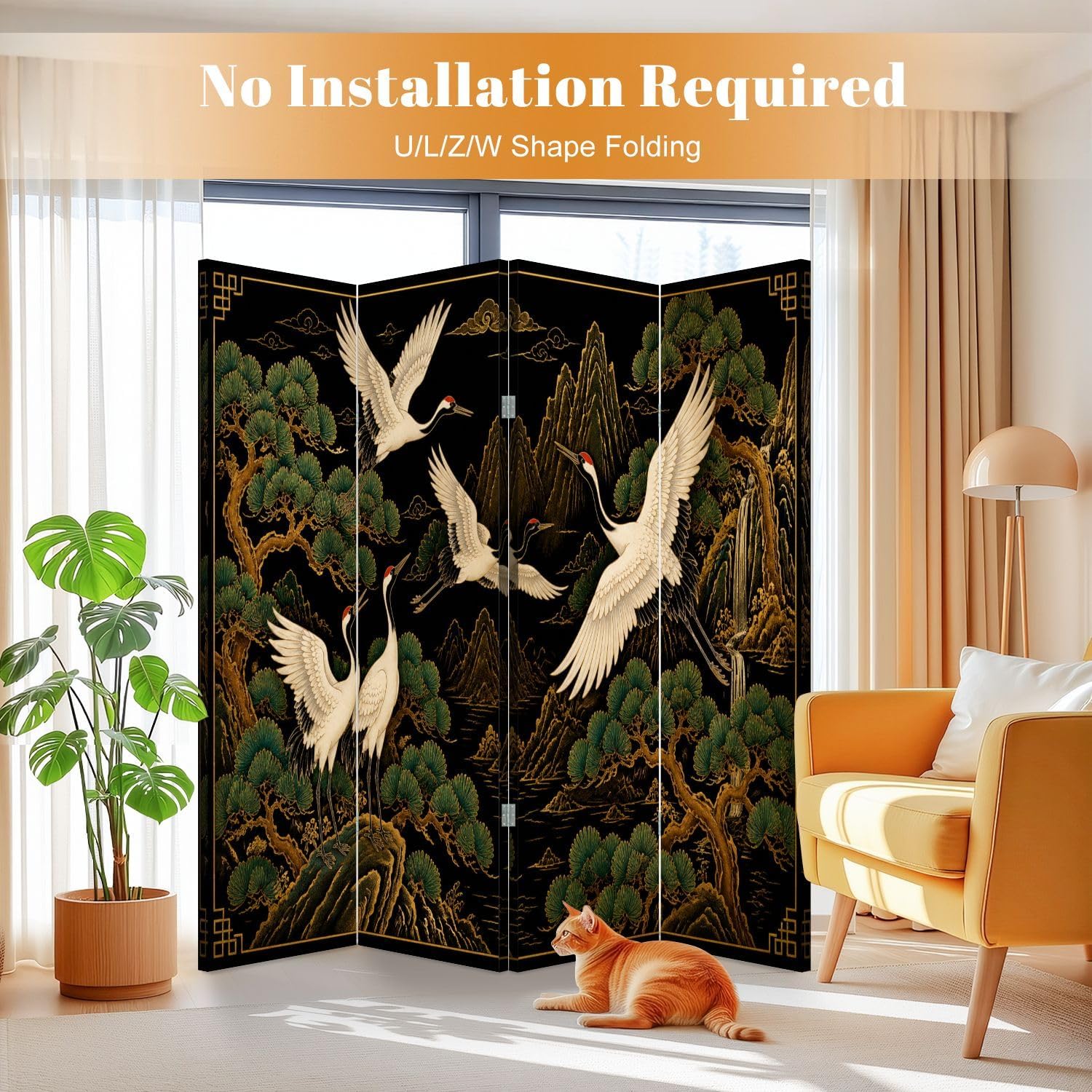4 Panel Japanese Cranes Canvas Wood Room Divider